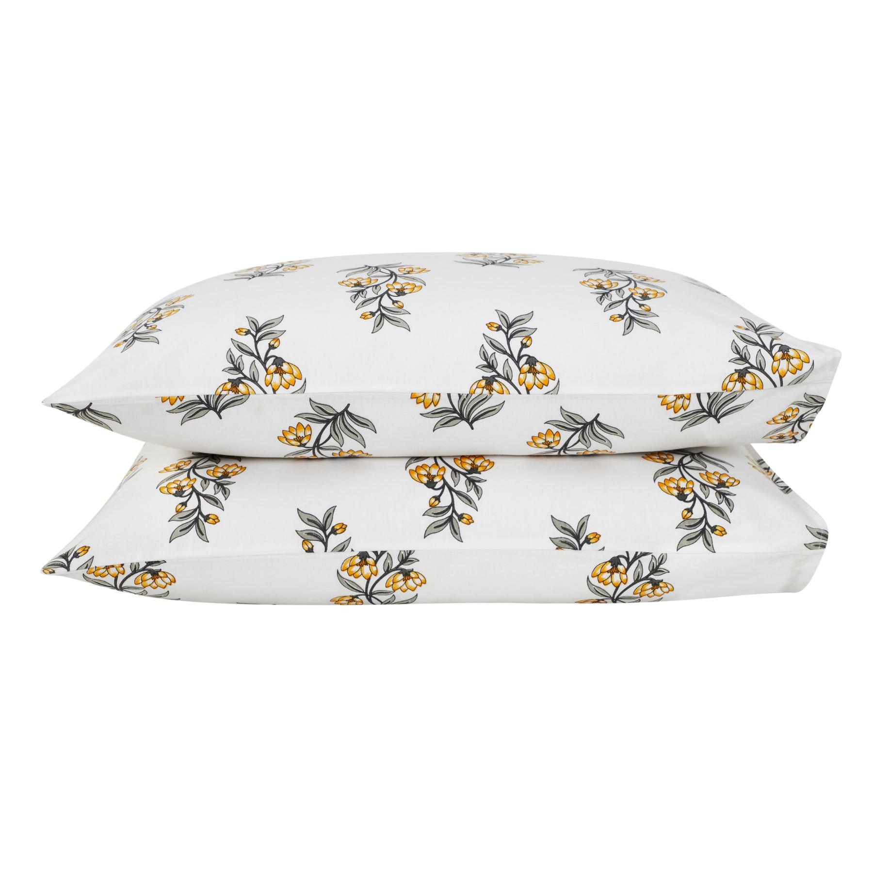 Saffron Yellow & Grey Hand Screen Print Cotton Pillow Cover Ratan Texprocess Pvt. Ltd