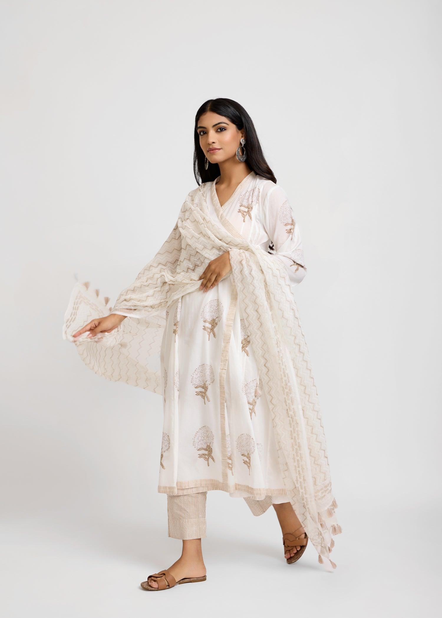 Kalidar Achkan White & Beige Cotton Long Kurta Ratan Texprocess Pvt. Ltd