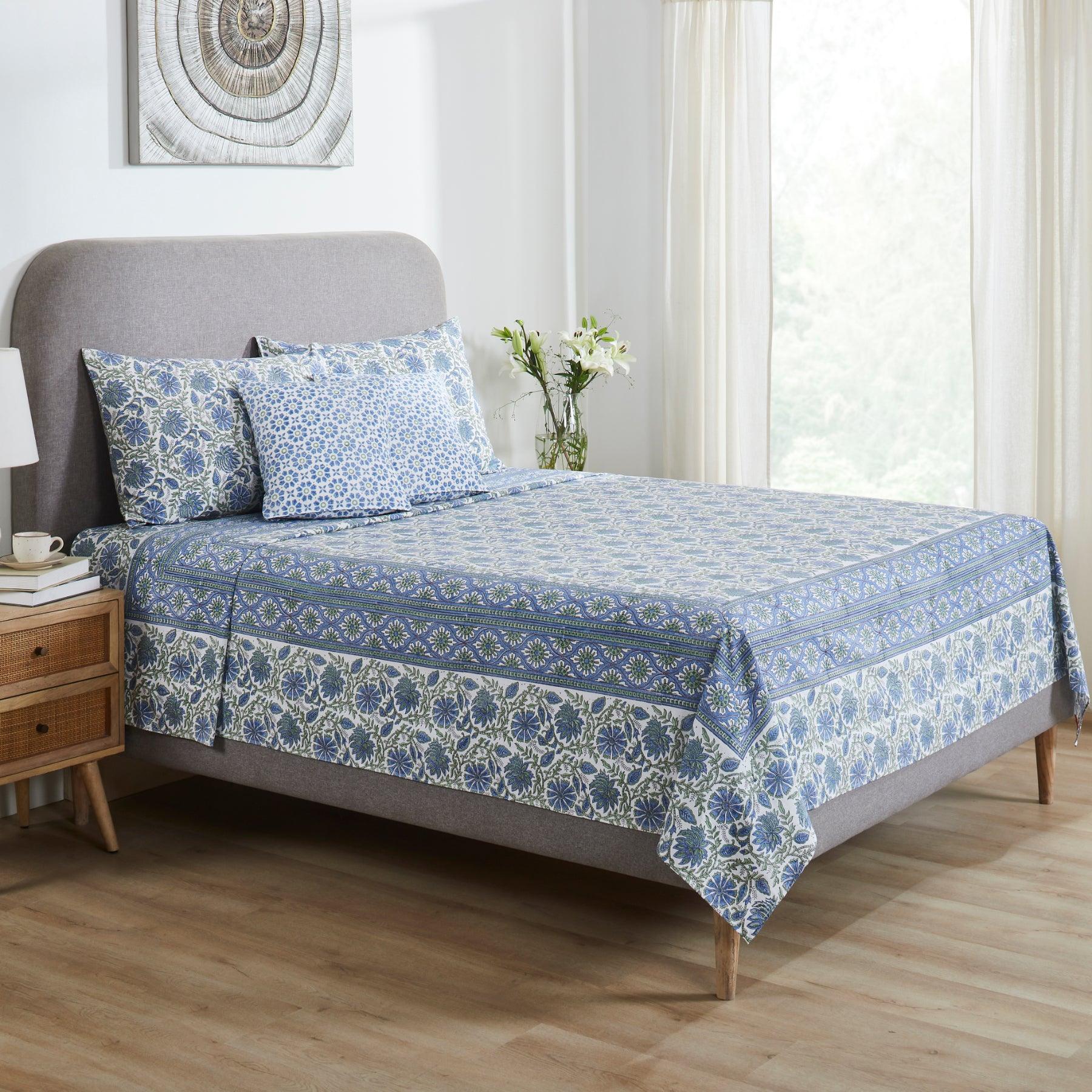 Floral Harmony Blue & Green Hand Block Printed Cotton Bedcover Ratan Texprocess Pvt. Ltd