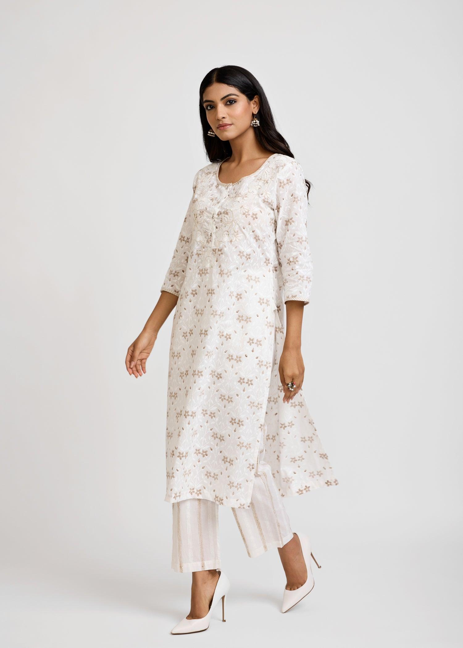 Raagini White & Beige Cotton Long Kurta Ratan Texprocess Pvt. Ltd