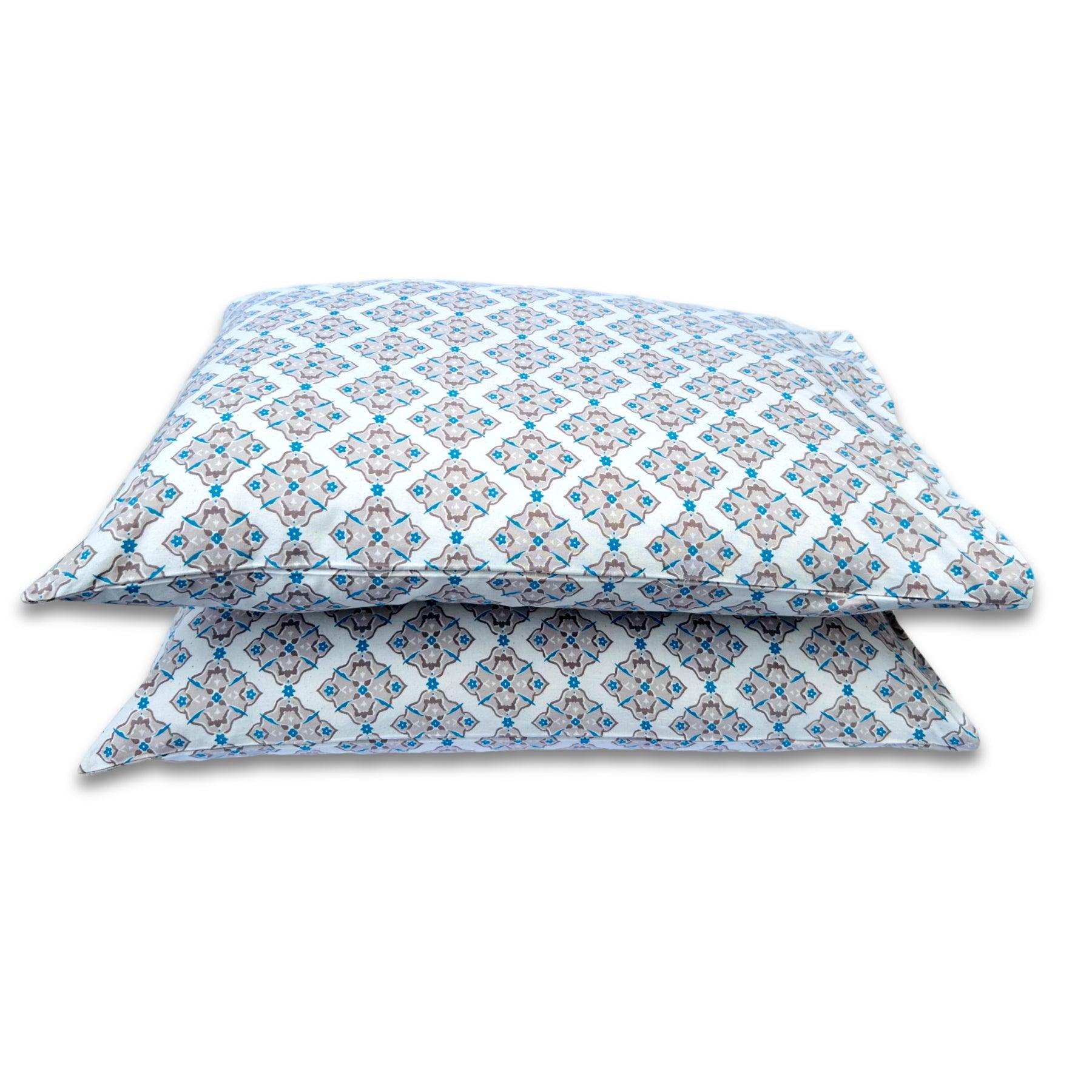 Uzbek Ikat Turquoise Brown Hand Block Printed Cotton Pillow Cover Ratan Texprocess Pvt. Ltd