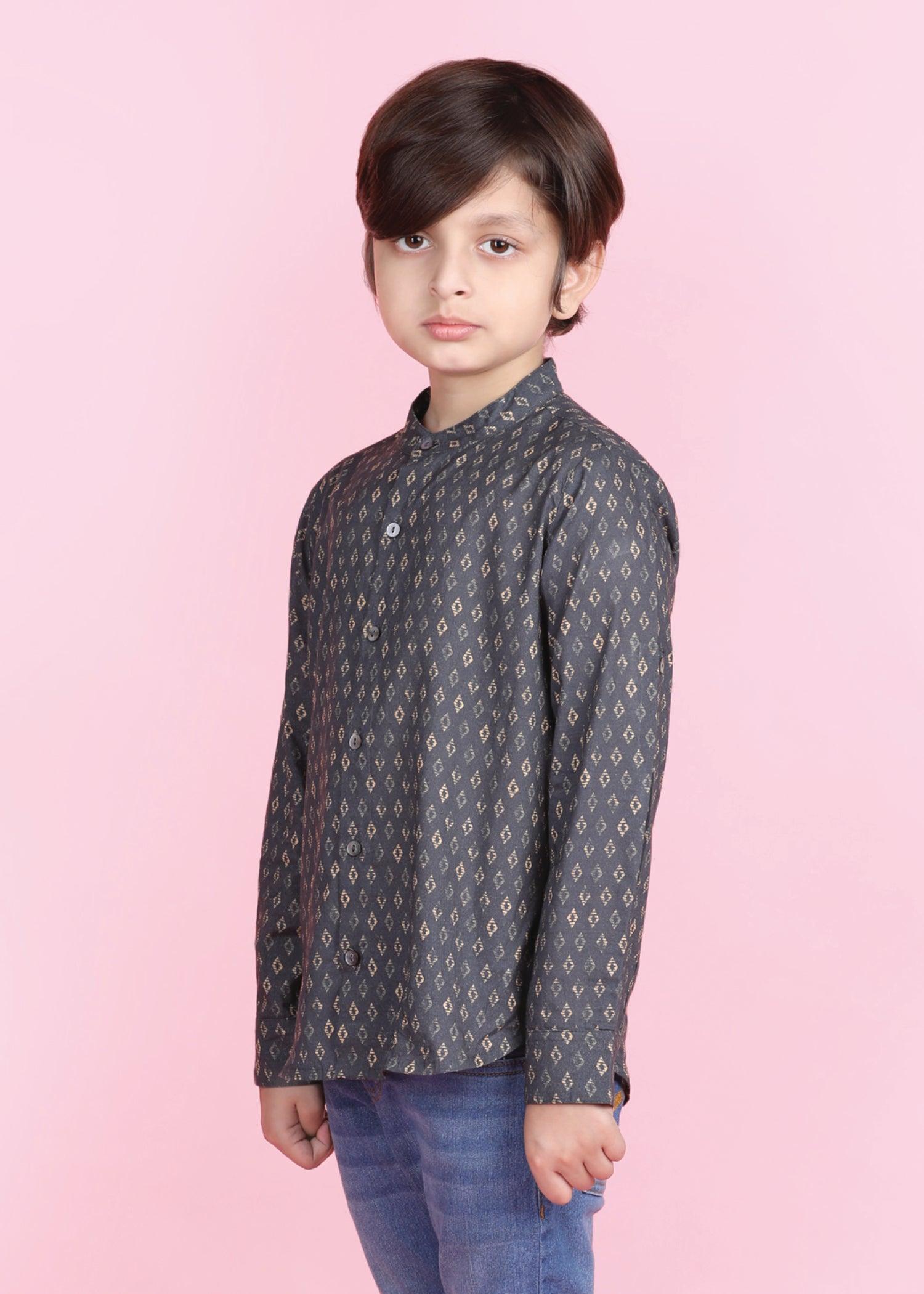 Ikkat Buti Grey Cotton Full Sleeves Shirt Boy (6 Months -12 Years) Ratan Texprocess Pvt. Ltd