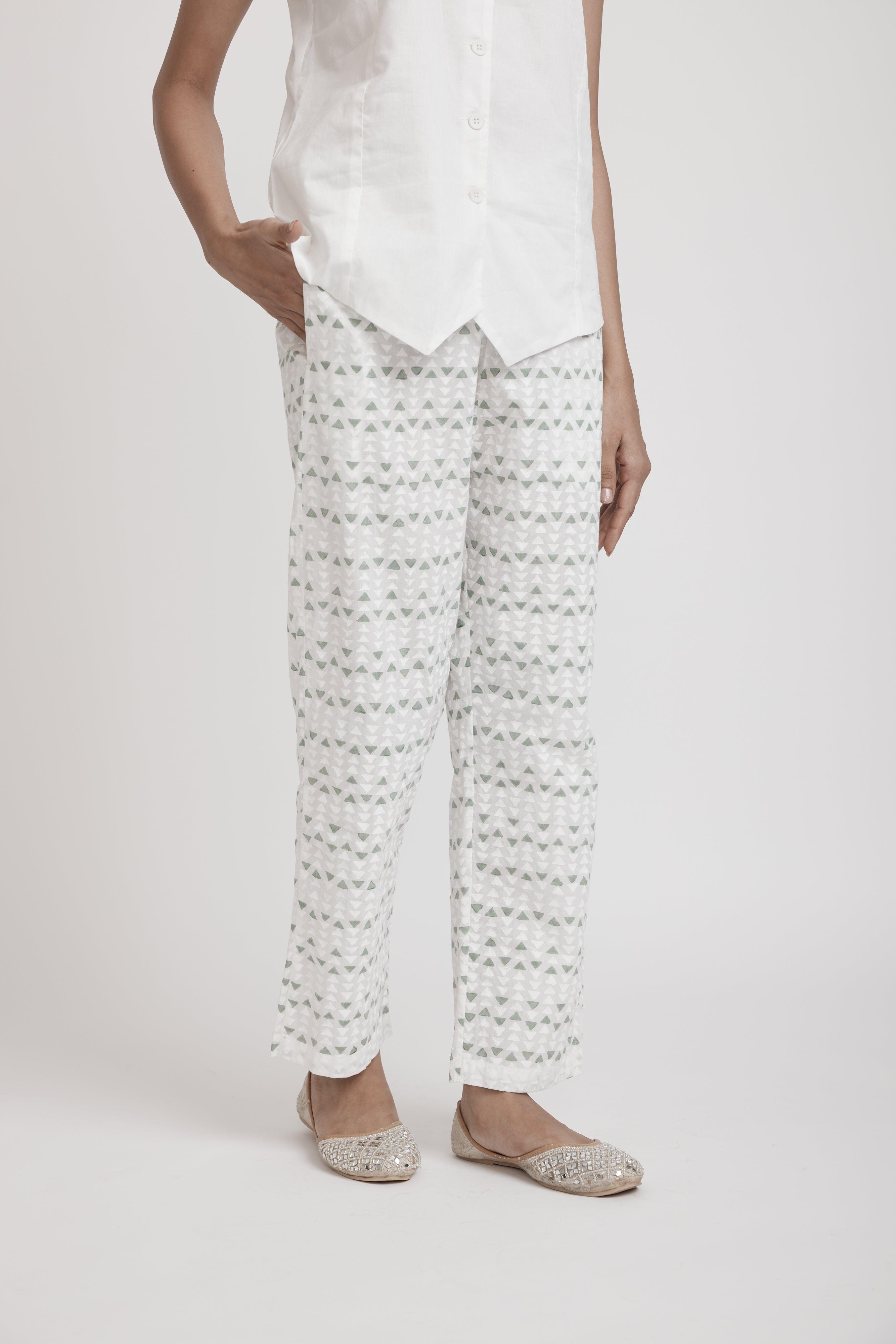 Prithvi White/Green Cotton Pant Ratan Jaipur