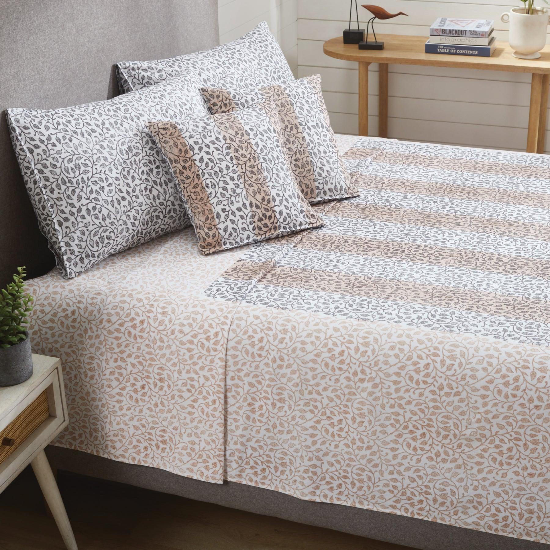 Leaf Trellis Beige & Charcoal Hand Screen Print Cotton Bedcover Ratan Texprocess Pvt. Ltd