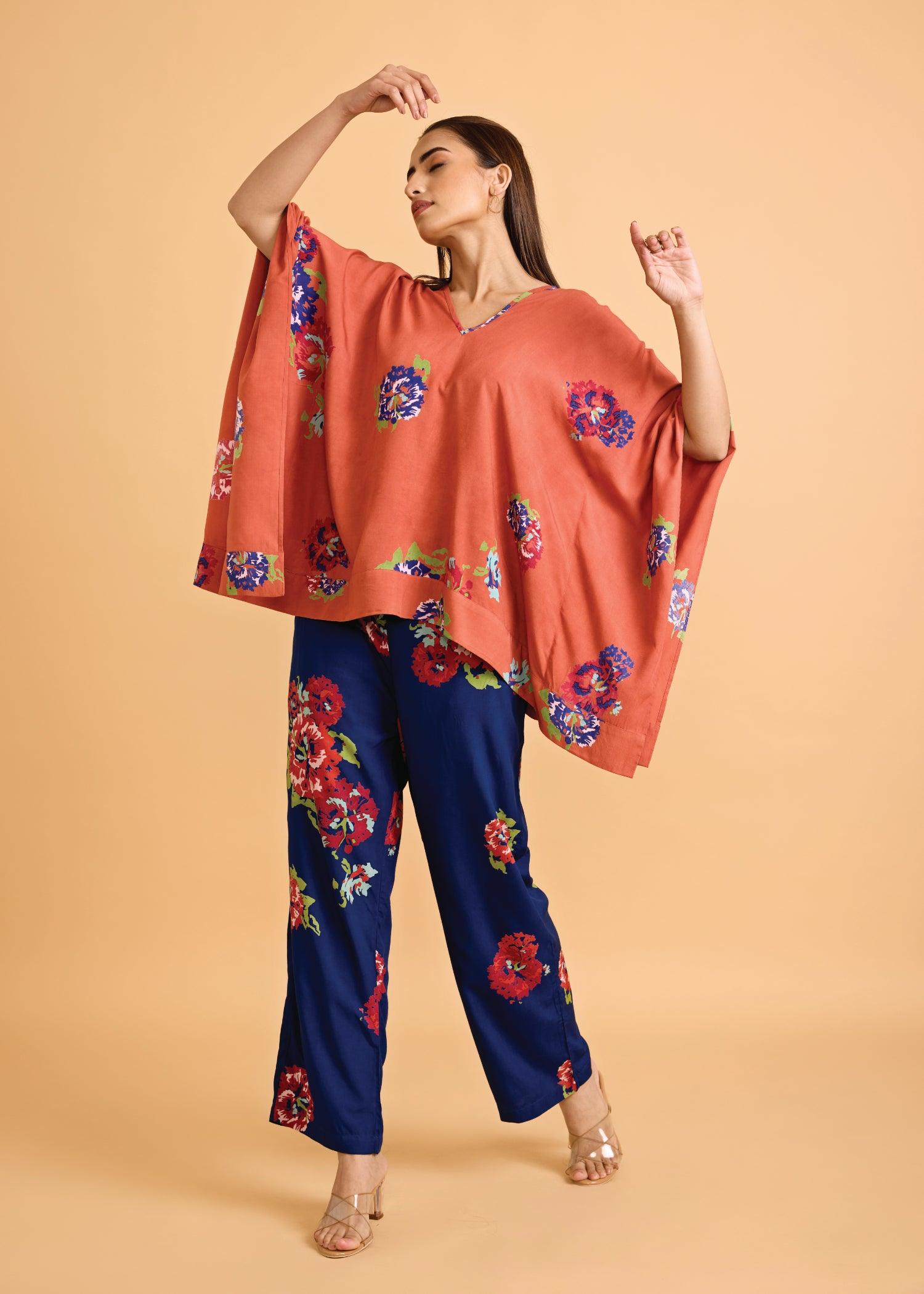 Dark Peach & Blue Loose Viscose V-Neck Kaftan Set Ratan Texprocess Pvt. Ltd