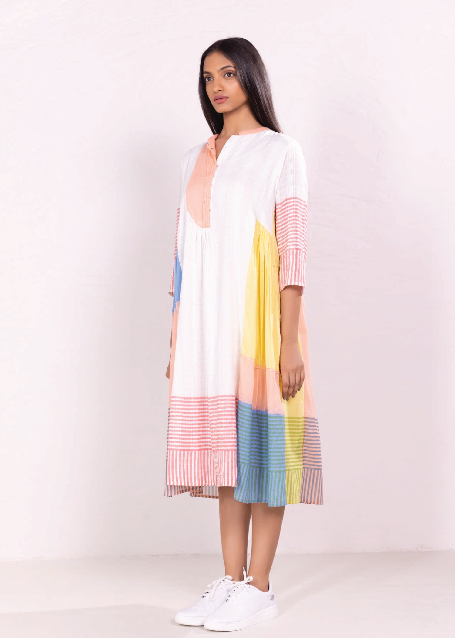 Multi Stripes Loose Cotton Drift Gather Dress Ratan Texprocess Pvt. Ltd