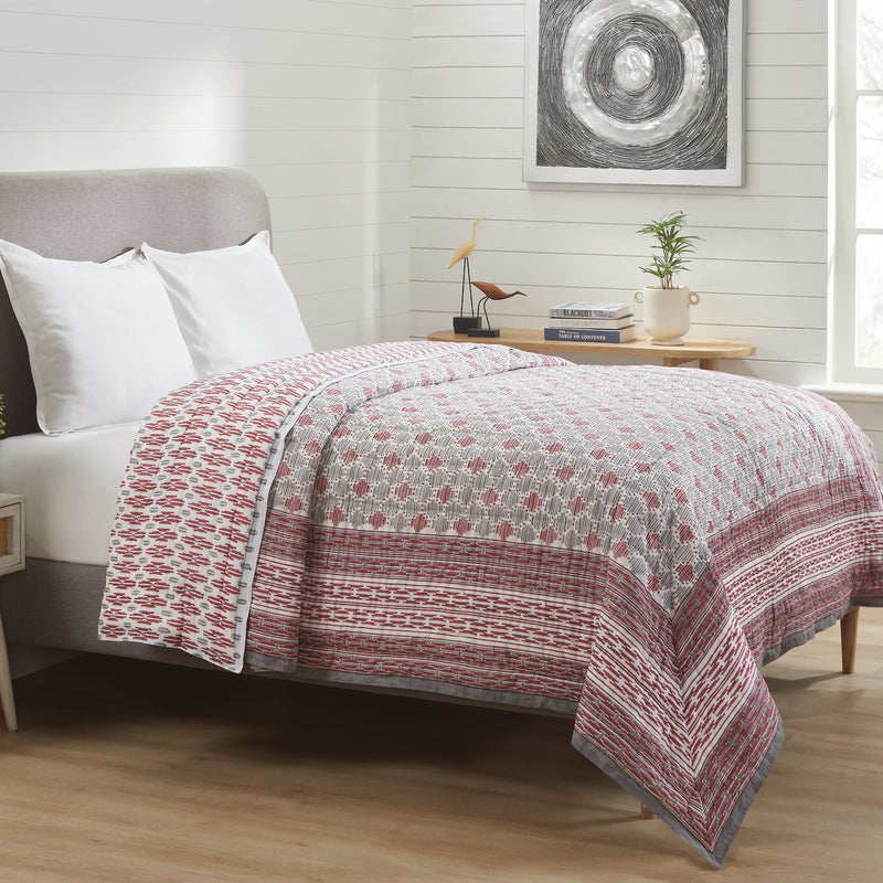 Geometric Quint Red & Grey Hand Block Printed Cotton Quilt