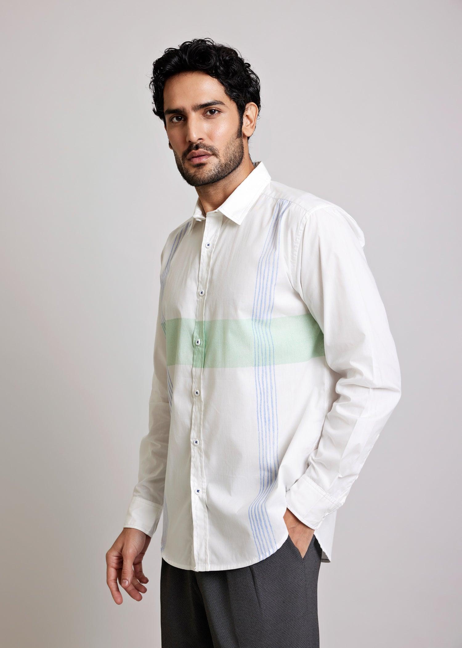 White, Green & Blue Regular Cotton Full Sleeve Shirt Ratan Texprocess Pvt. Ltd