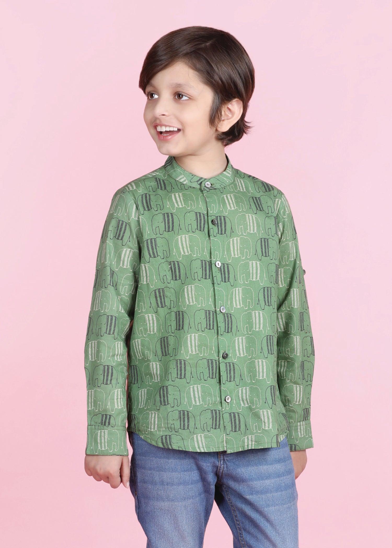 Crayon Elephant Green  Cotton Full Sleeves Shirt Boy  (6 Months -12 Years) Ratan Texprocess Pvt. Ltd