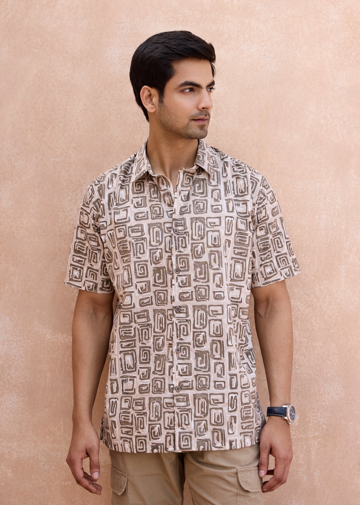 Half Sleeves Shirt-Beige/Brown