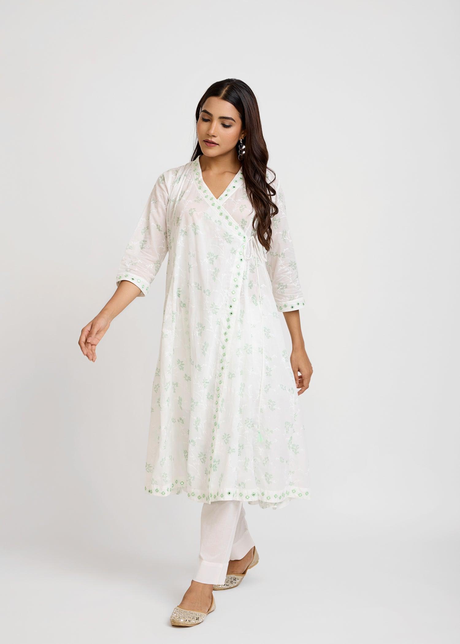 Kalidar Achkan White & Green Cotton Long Kurta Ratan Texprocess Pvt. Ltd