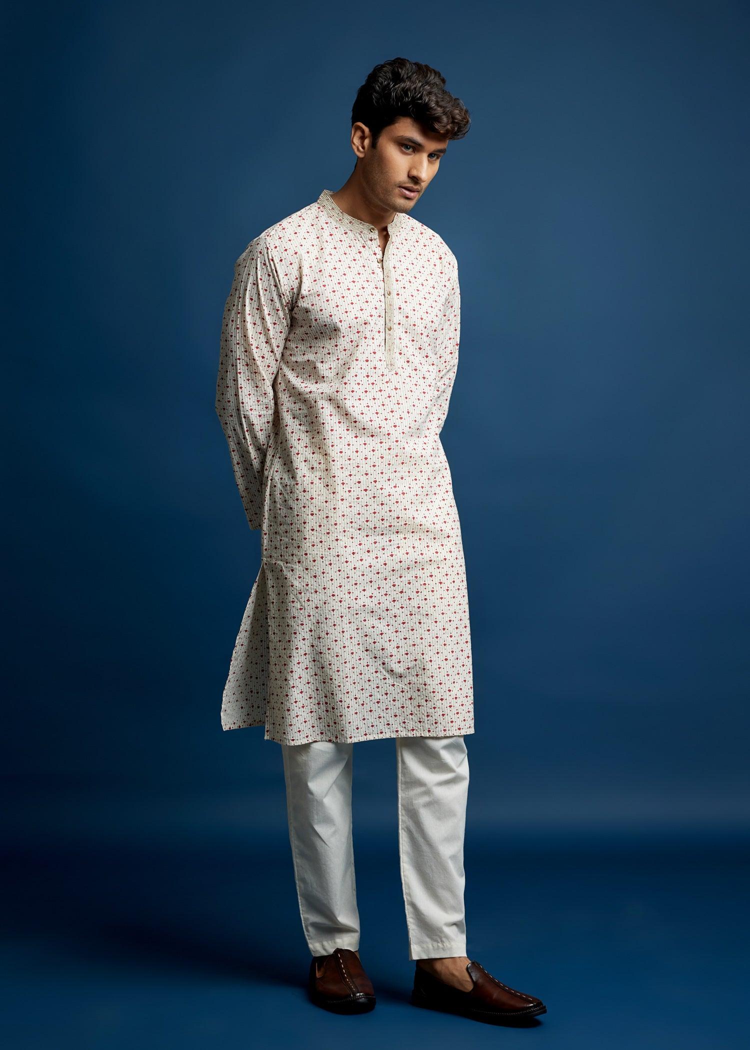 Men's Cotton Kurta Creme-Red