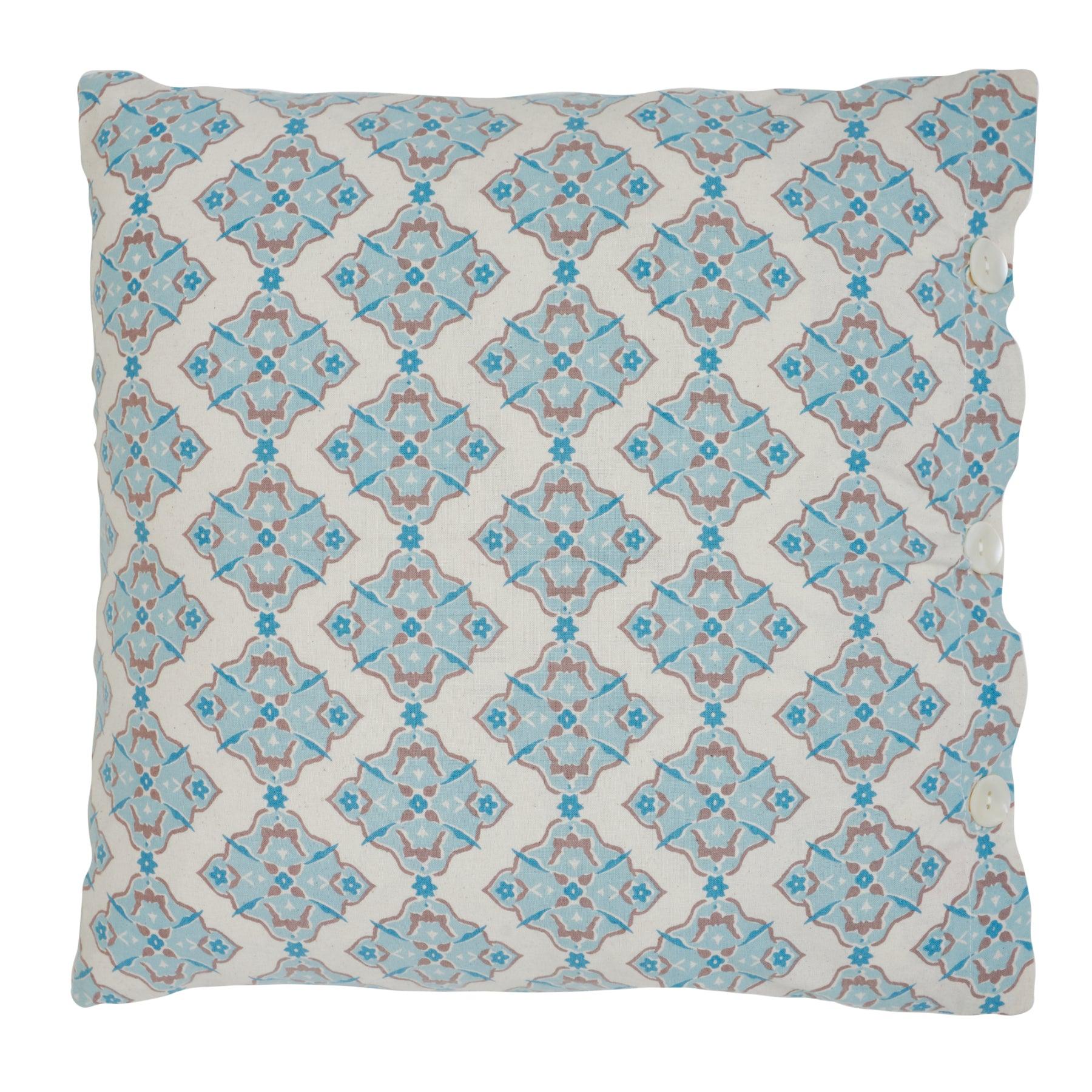 Uzbek Ikat Turquoise Brown Hand Block Print Cotton Cushion Cover Ratan Texprocess Pvt. Ltd