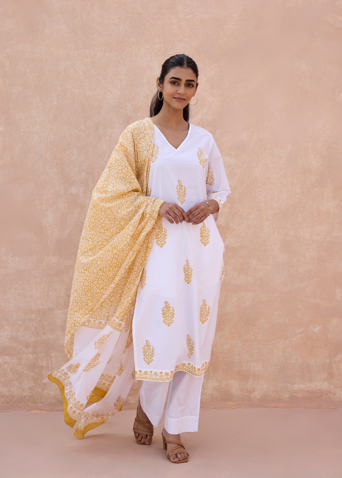 Block Printed Cotton Dupatta - Yellow