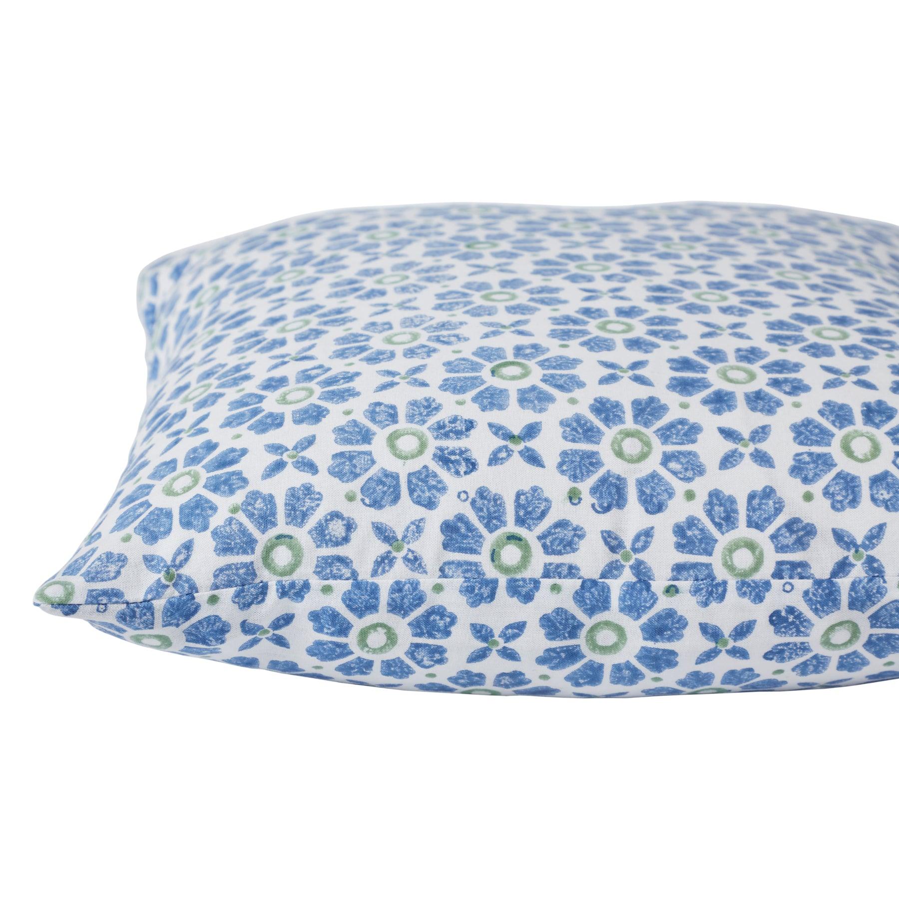 Floral Harmony Blue & Green Hand Block Print Cotton Cushion Cover Ratan Texprocess Pvt. Ltd