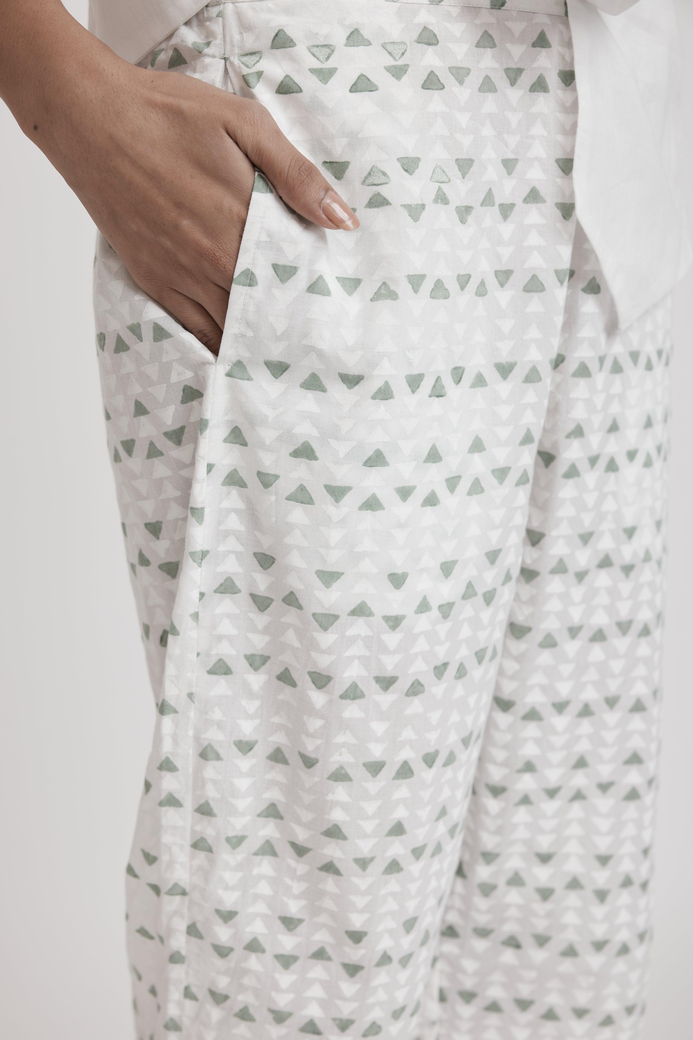 Prithvi White/Green Cotton Pant Ratan Jaipur