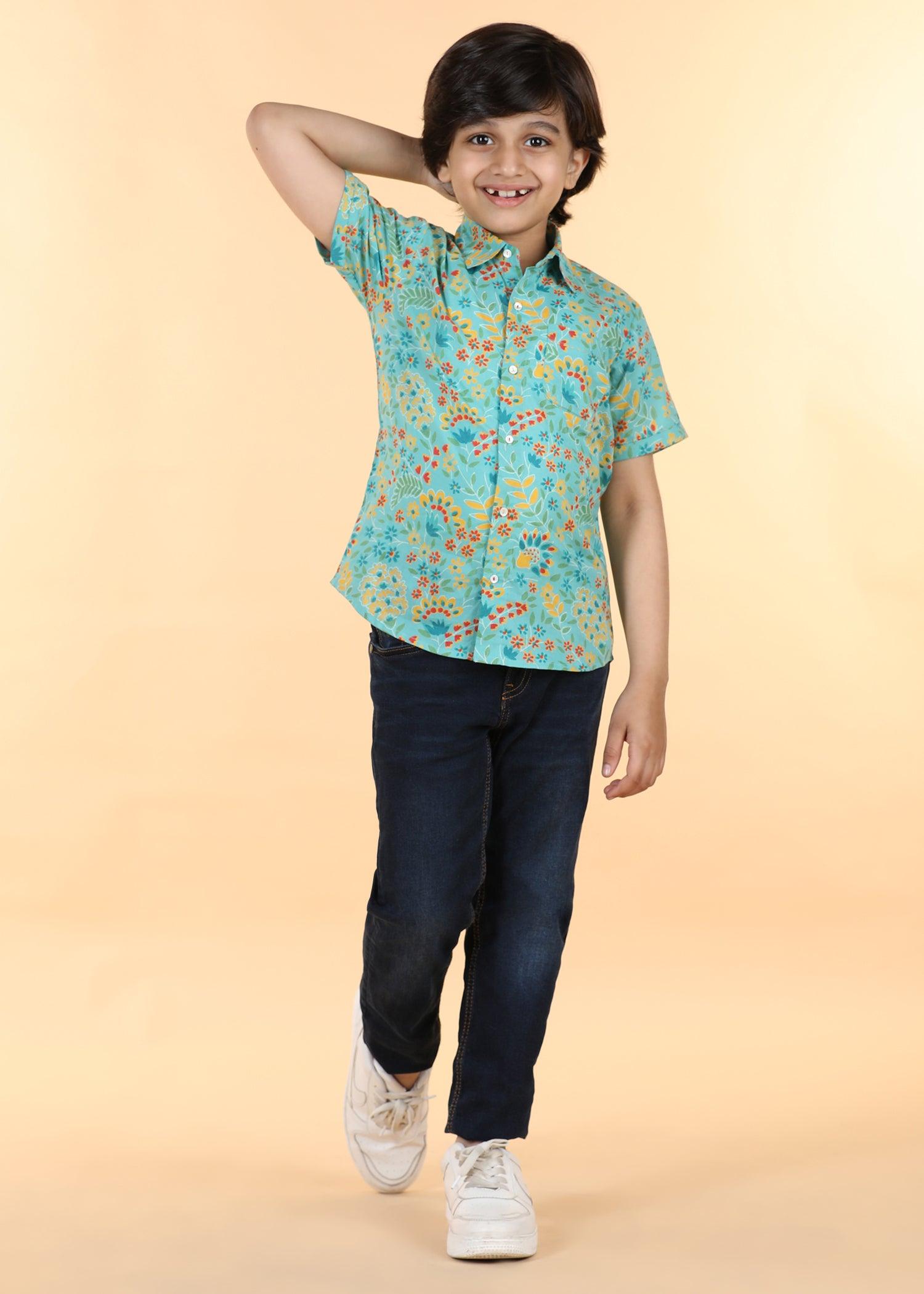 Teal Cotton Half Sleeve Round Hem Shirt Boys (6 Months -12 Yrs) Ratan Texprocess Pvt. Ltd