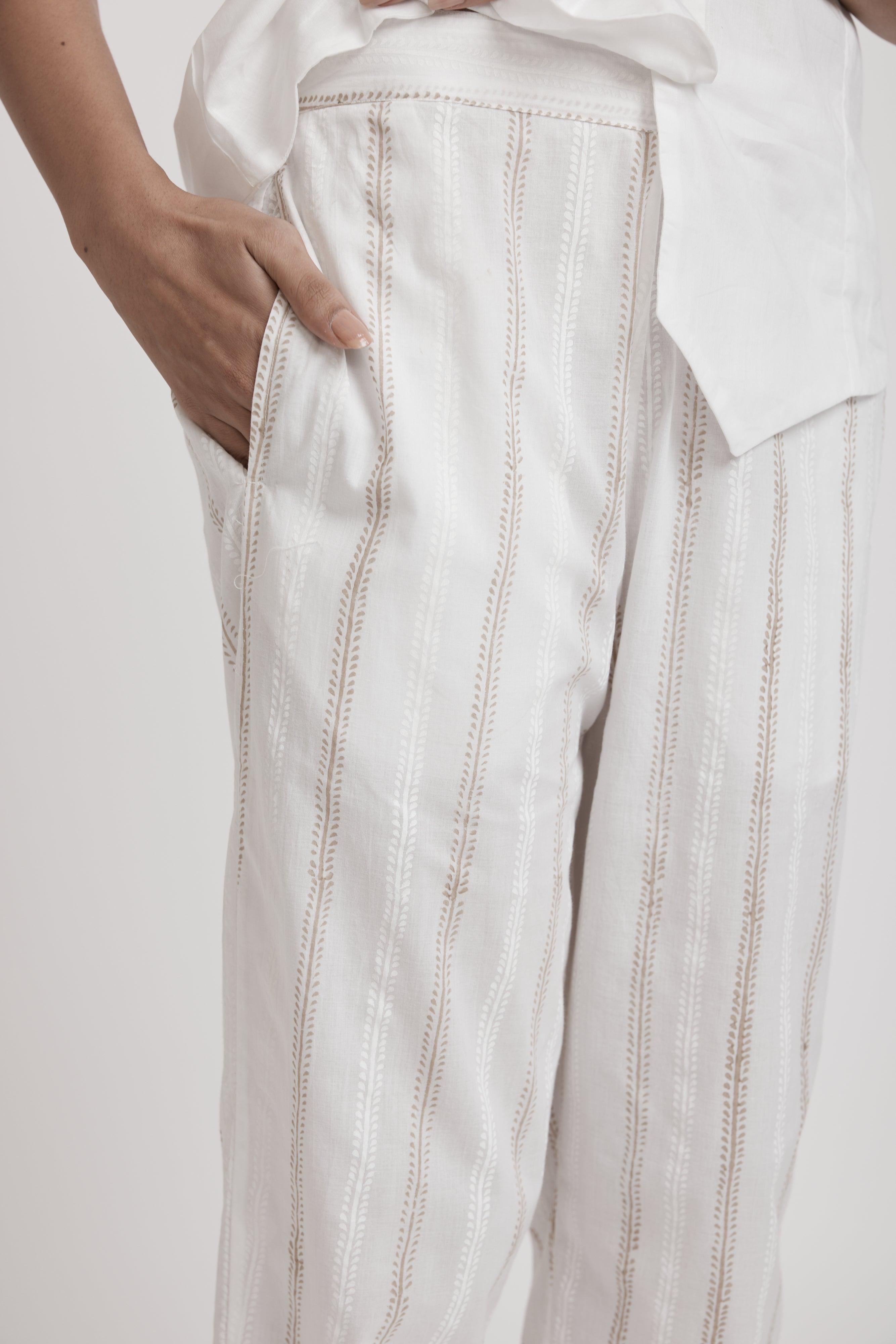 Prithvi White/Beige Cotton Pant Ratan Jaipur