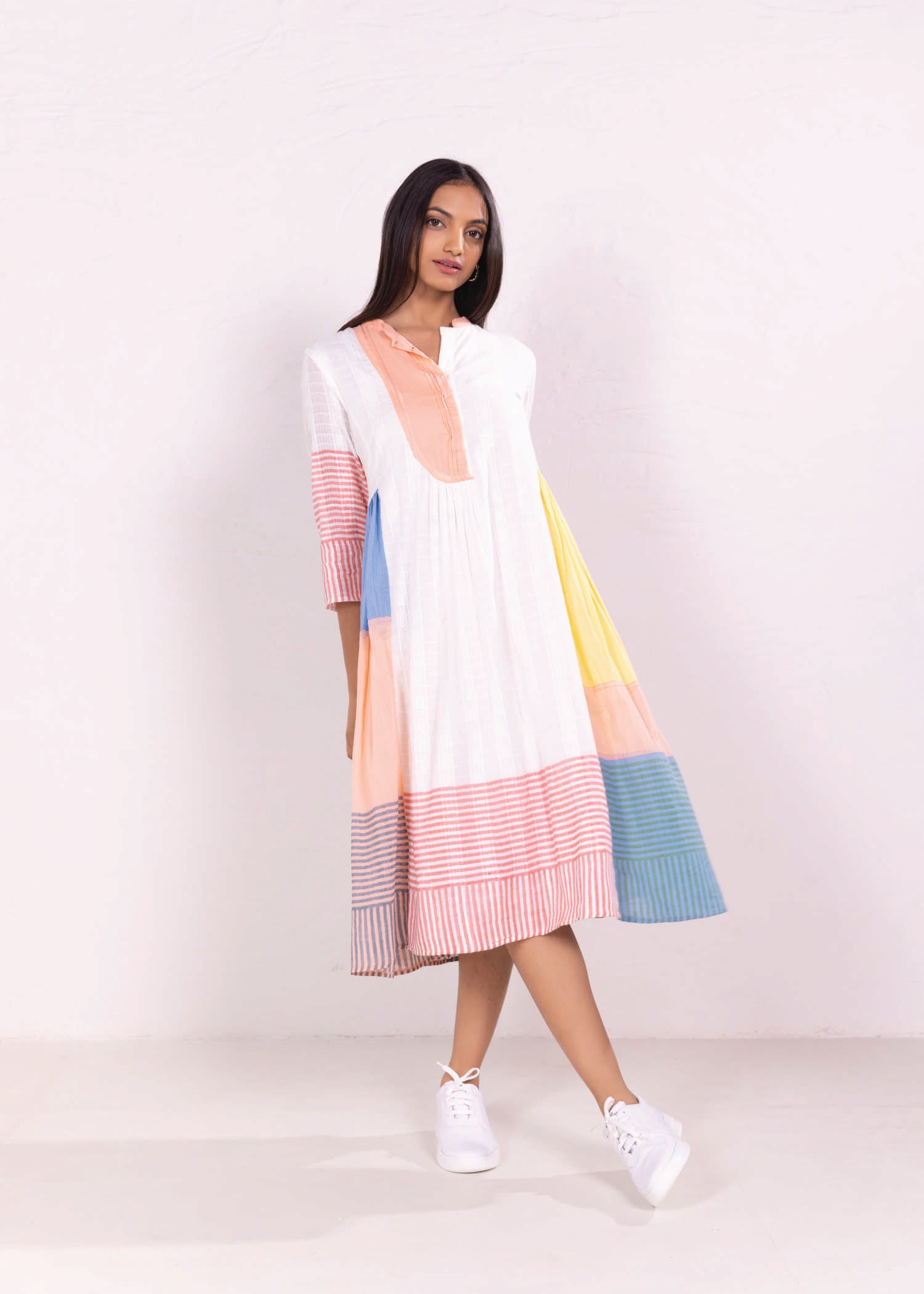 Multi Stripes Loose Cotton Drift Gather Dress Ratan Texprocess Pvt. Ltd