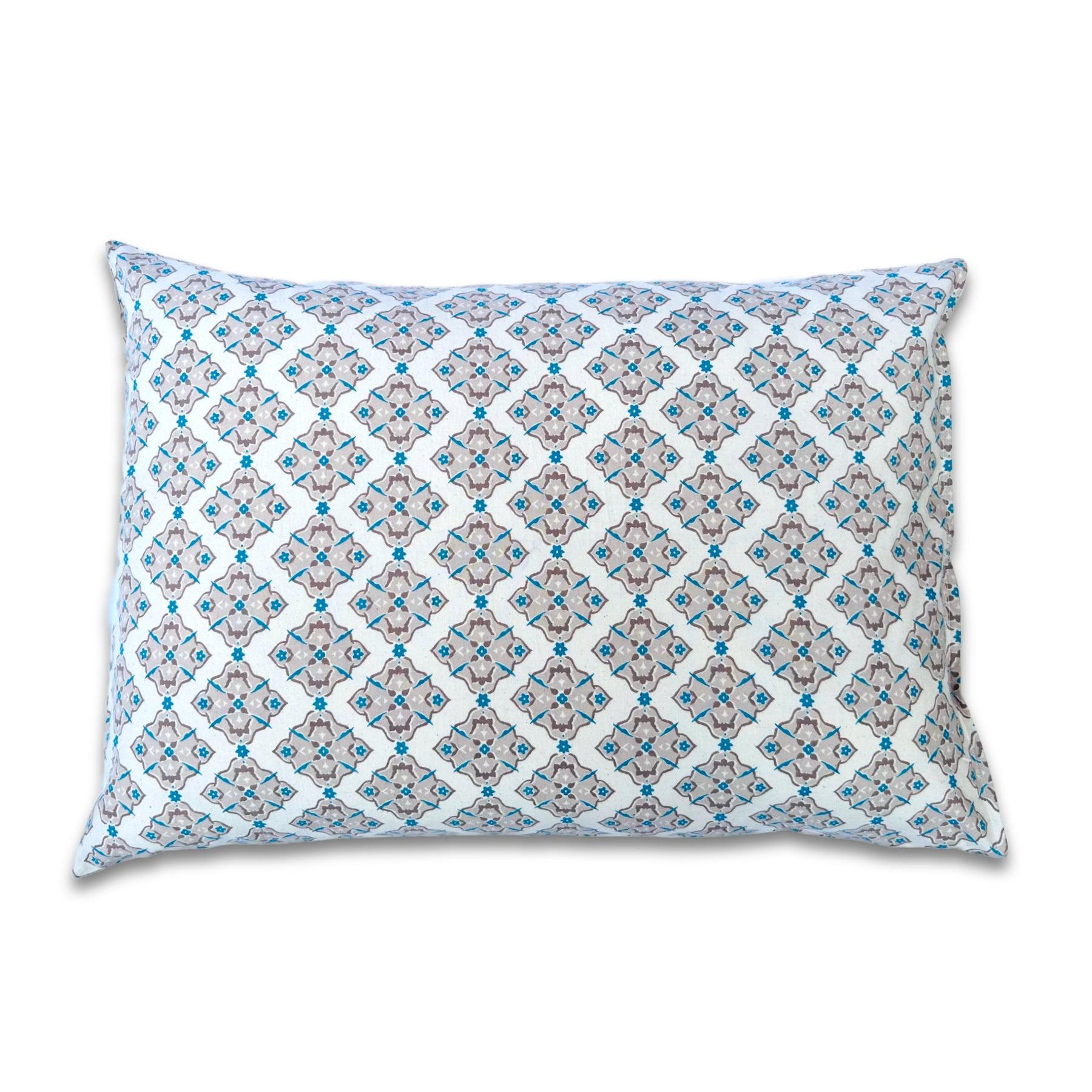 Uzbek Ikat Turquoise Brown Hand Block Printed Cotton Pillow Cover Ratan Texprocess Pvt. Ltd