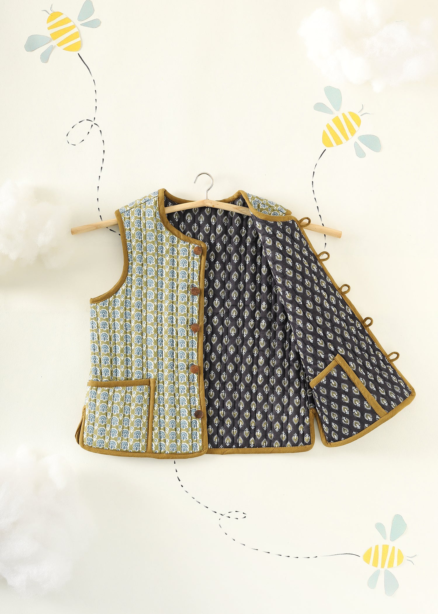 Olive-Navy Zinnia Quilted Cotton Reversible Bundi Jacket Unisex (1-7 Years) Ratan Texprocess Pvt. Ltd