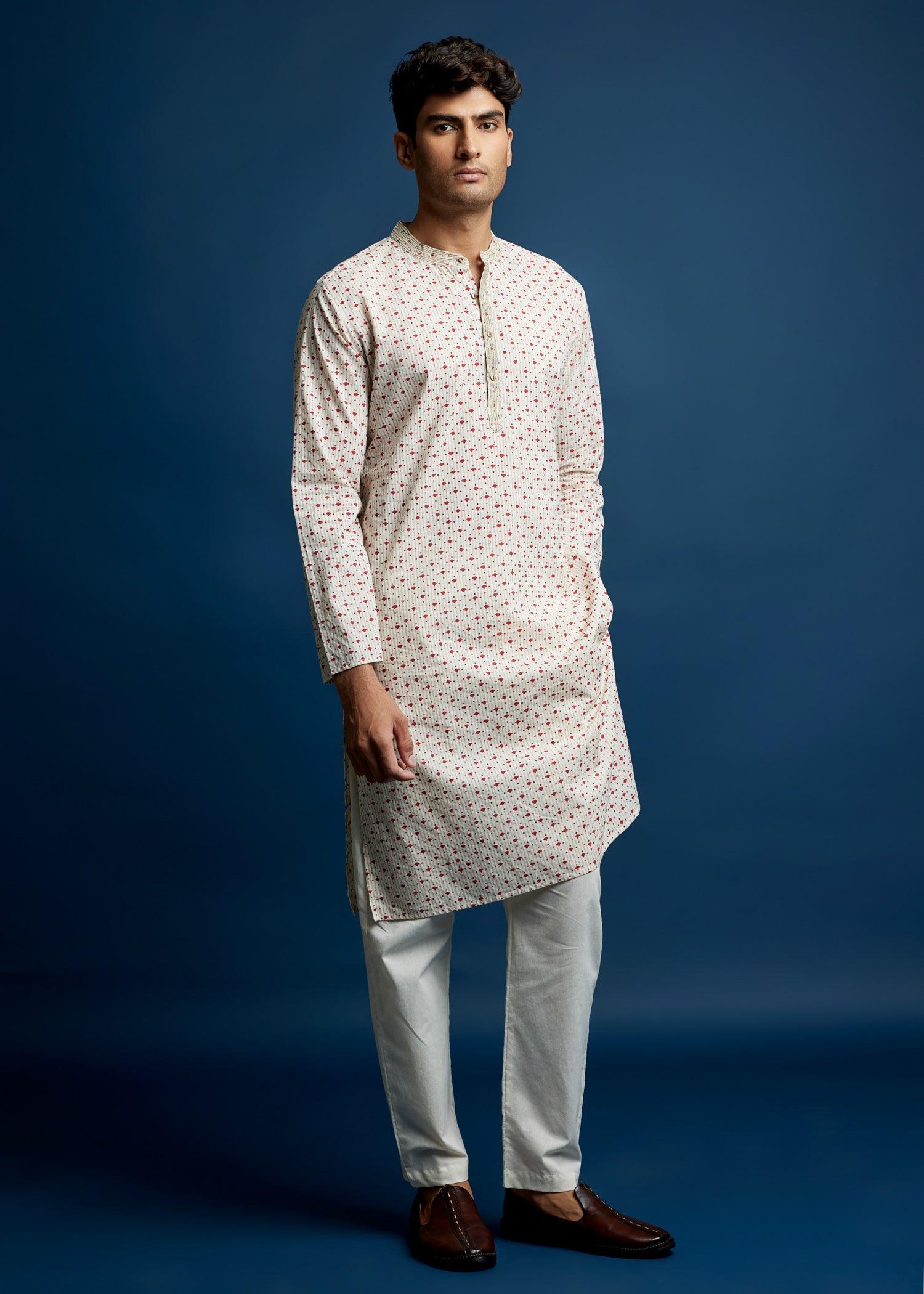 Men's Cotton Kurta Creme-Red