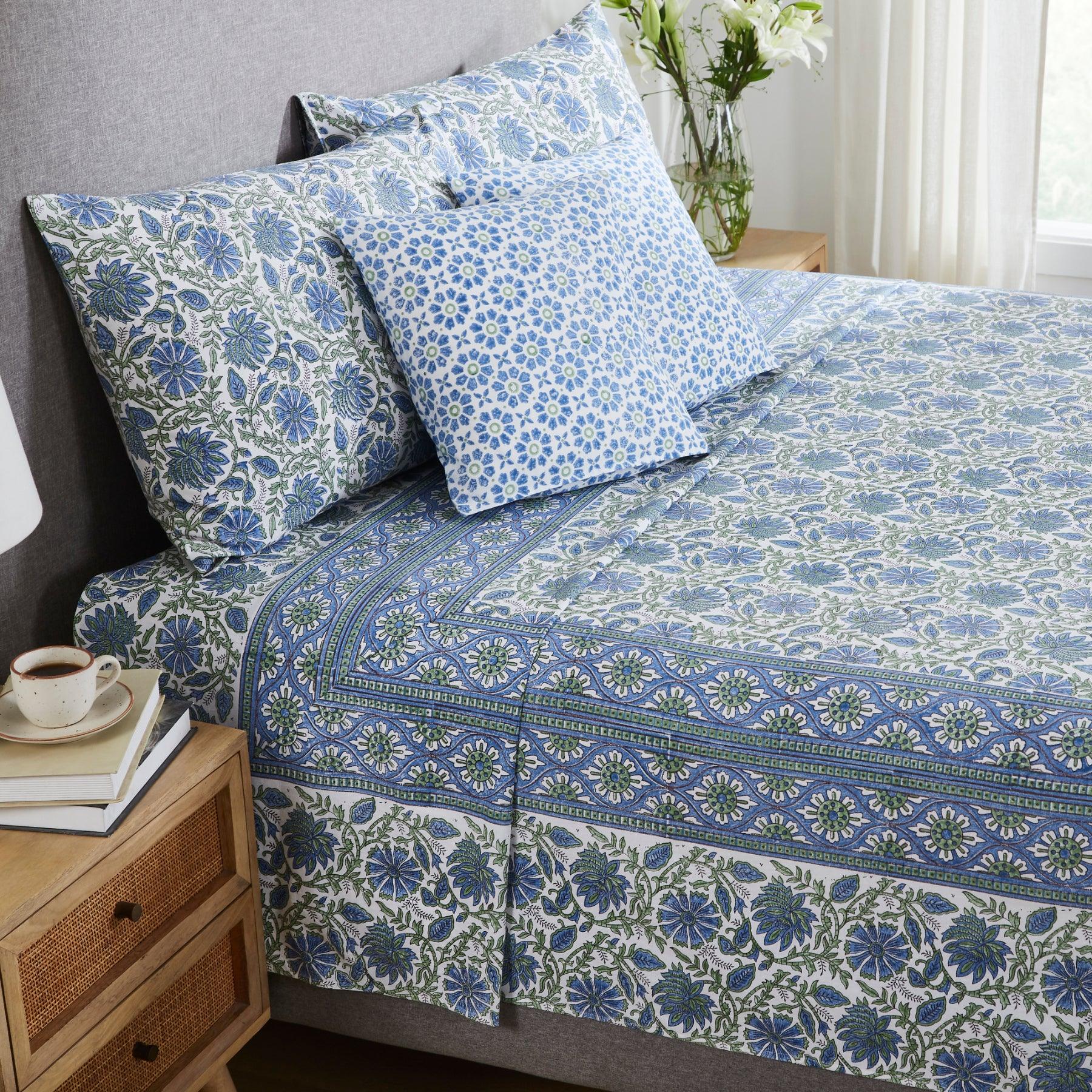 Floral Harmony Blue & Green Hand Block Printed Cotton Bedcover Ratan Texprocess Pvt. Ltd