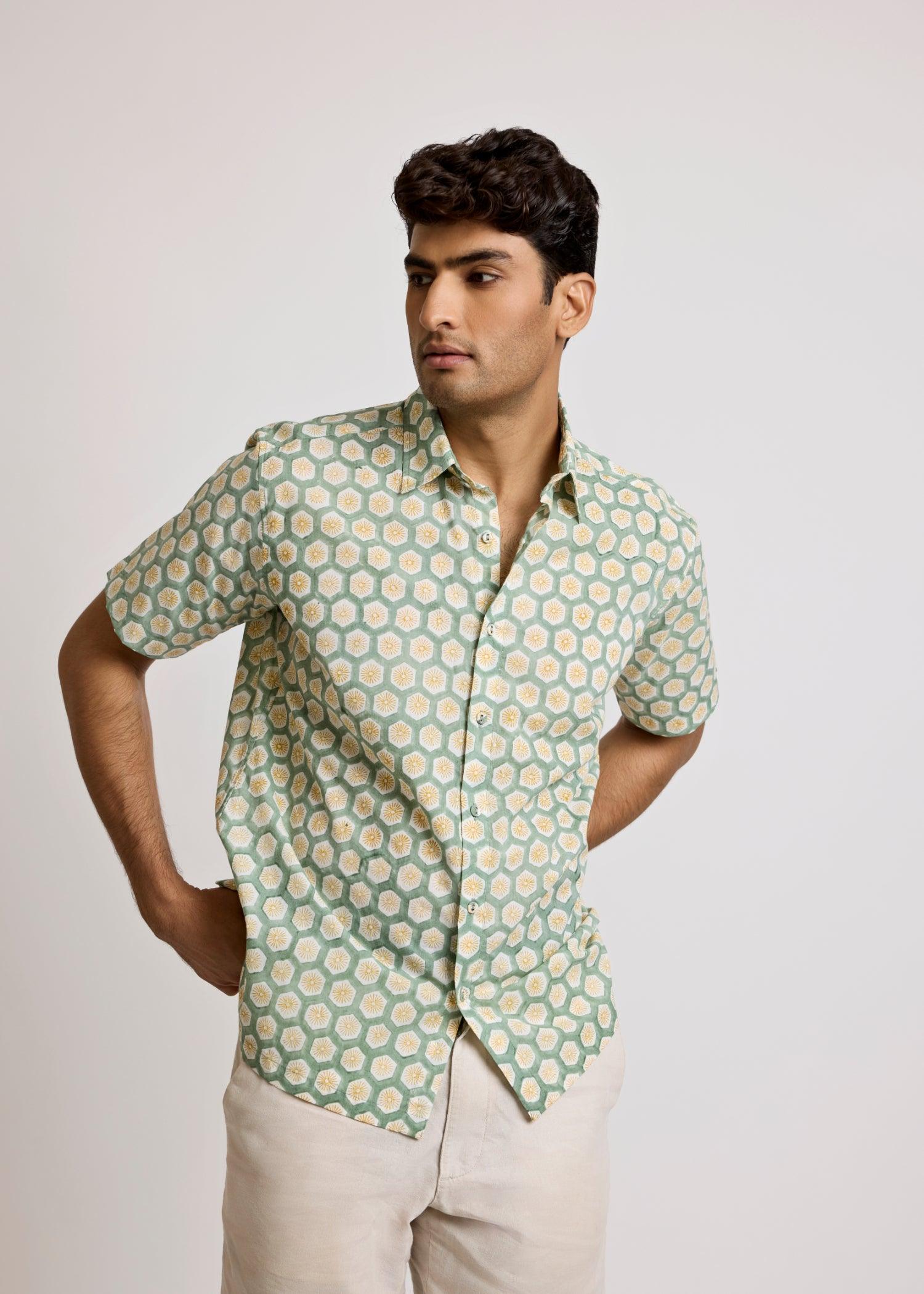 Turf Green & Yellow Cotton Half Sleeve Shirt Ratan Texprocess Pvt. Ltd