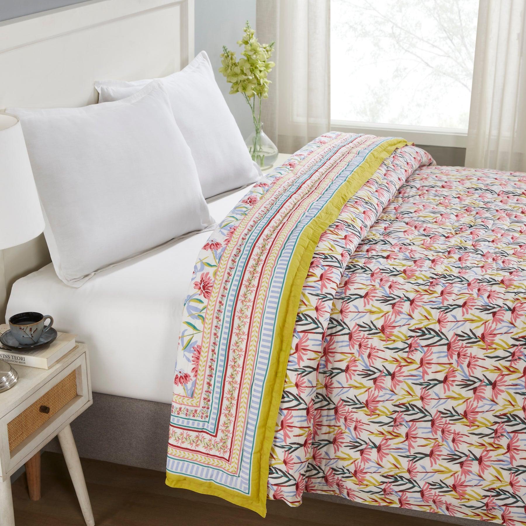 Oxeye Daisy Multi Hand Block Print Lightweight Cotton Quilt Ratan Texprocess Pvt. Ltd