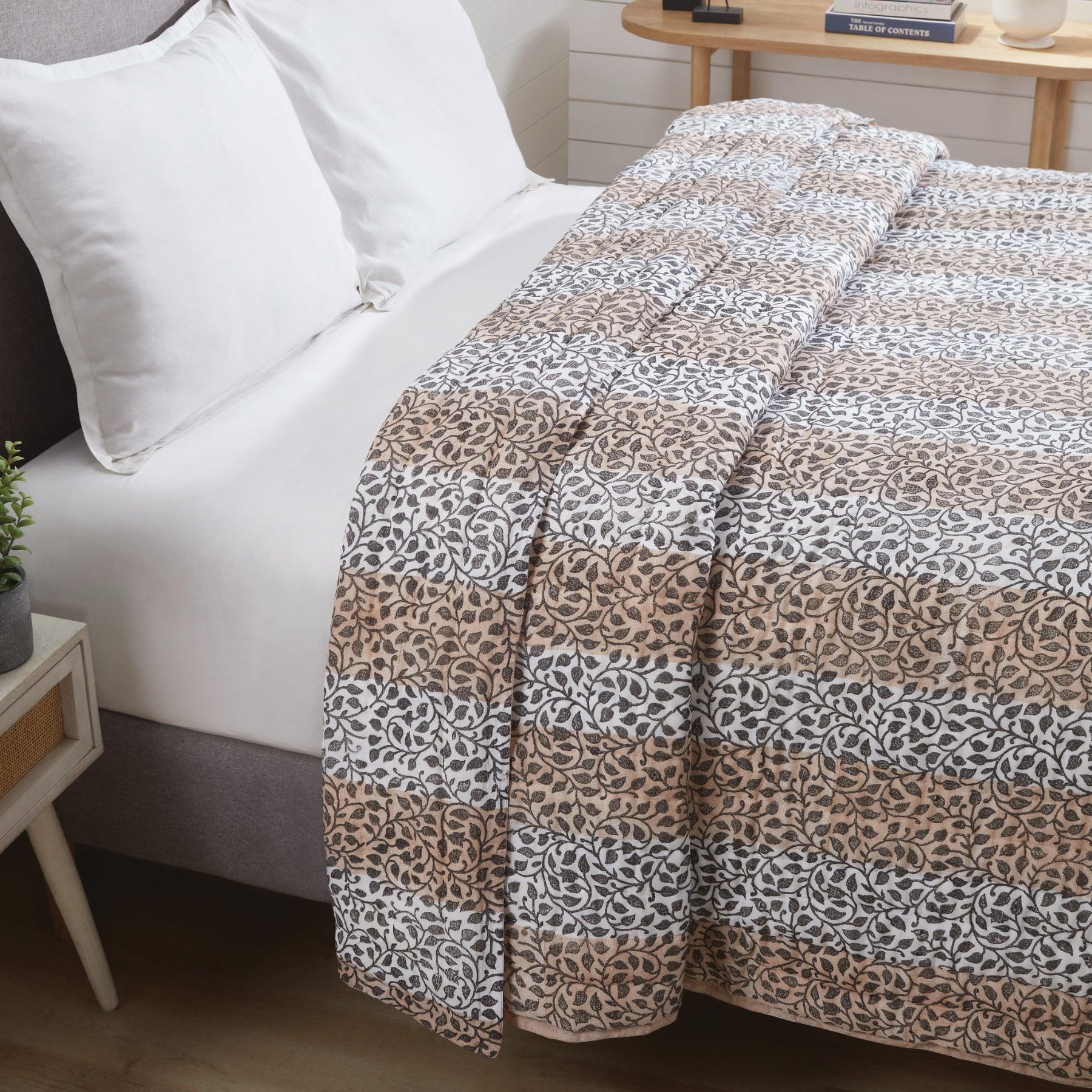 Leaf Trellis Beige & Charcoal Hand Block Print Extra Cotton Filling Quilt Ratan Texprocess Pvt. Ltd