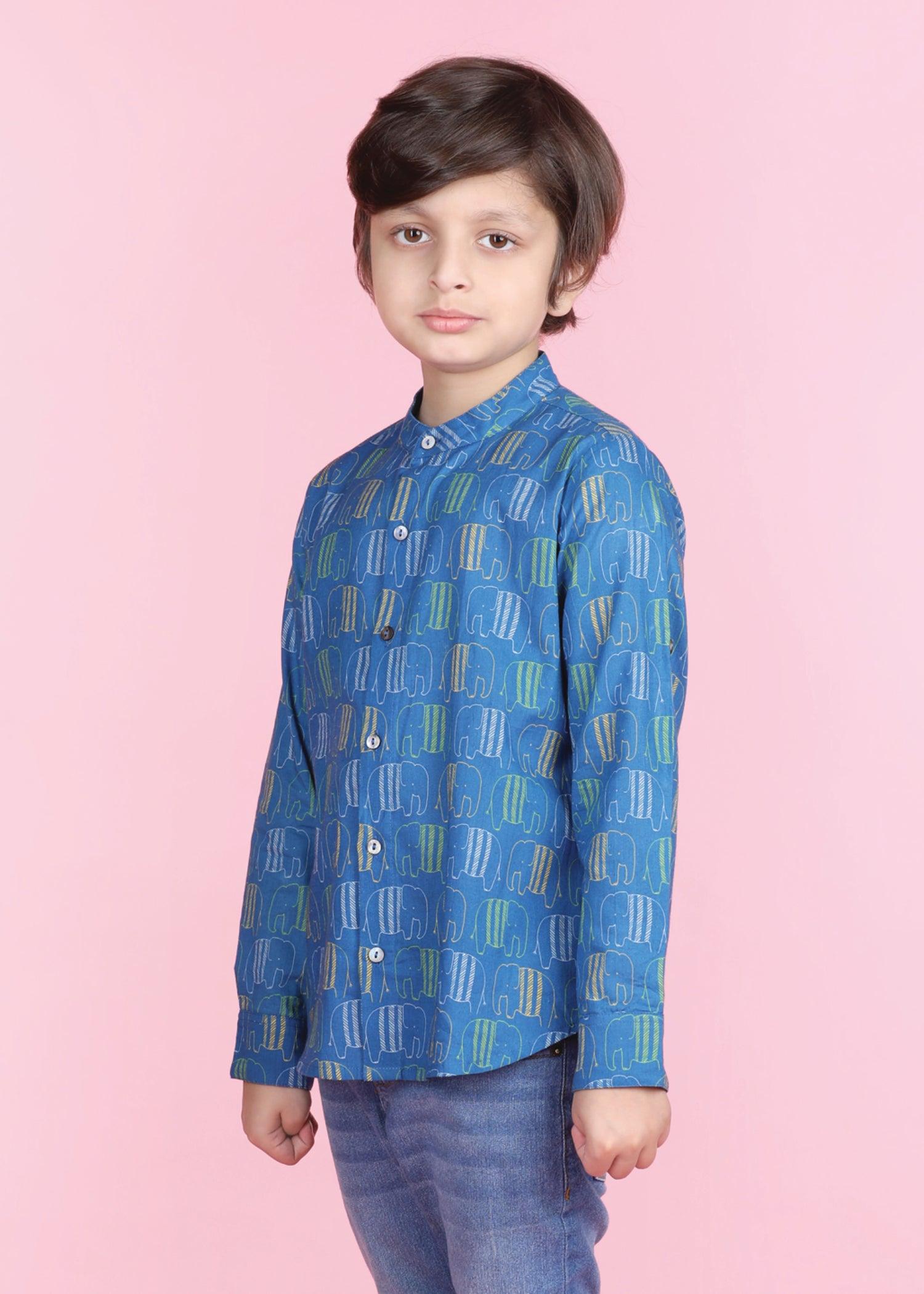 Crayon Elephant Blue  Cotton Full Sleeves Shirt Boy  (6 Months -12 Years) Ratan Texprocess Pvt. Ltd