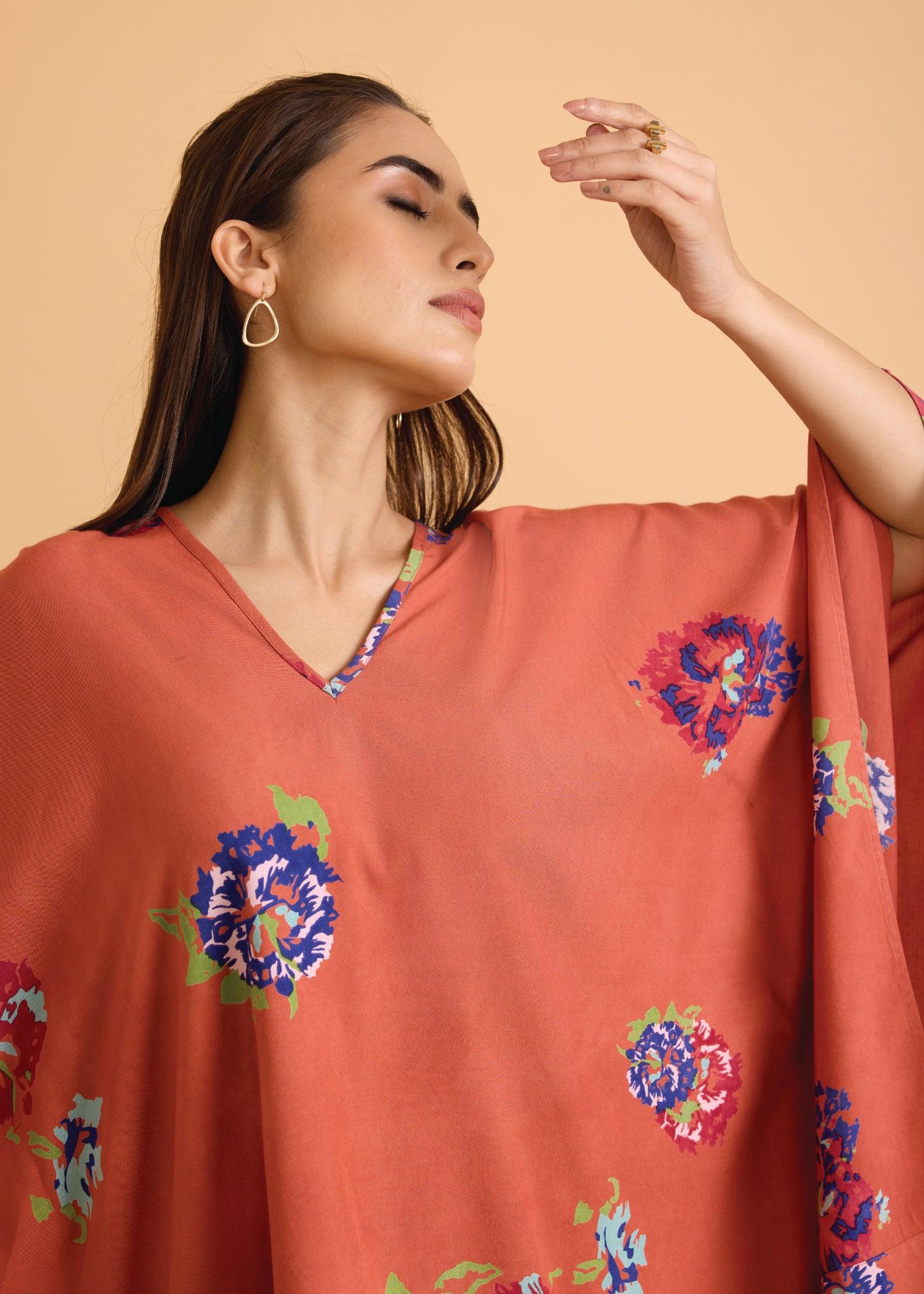 Dark Peach & Blue Loose Viscose V-Neck Kaftan Set Ratan Texprocess Pvt. Ltd