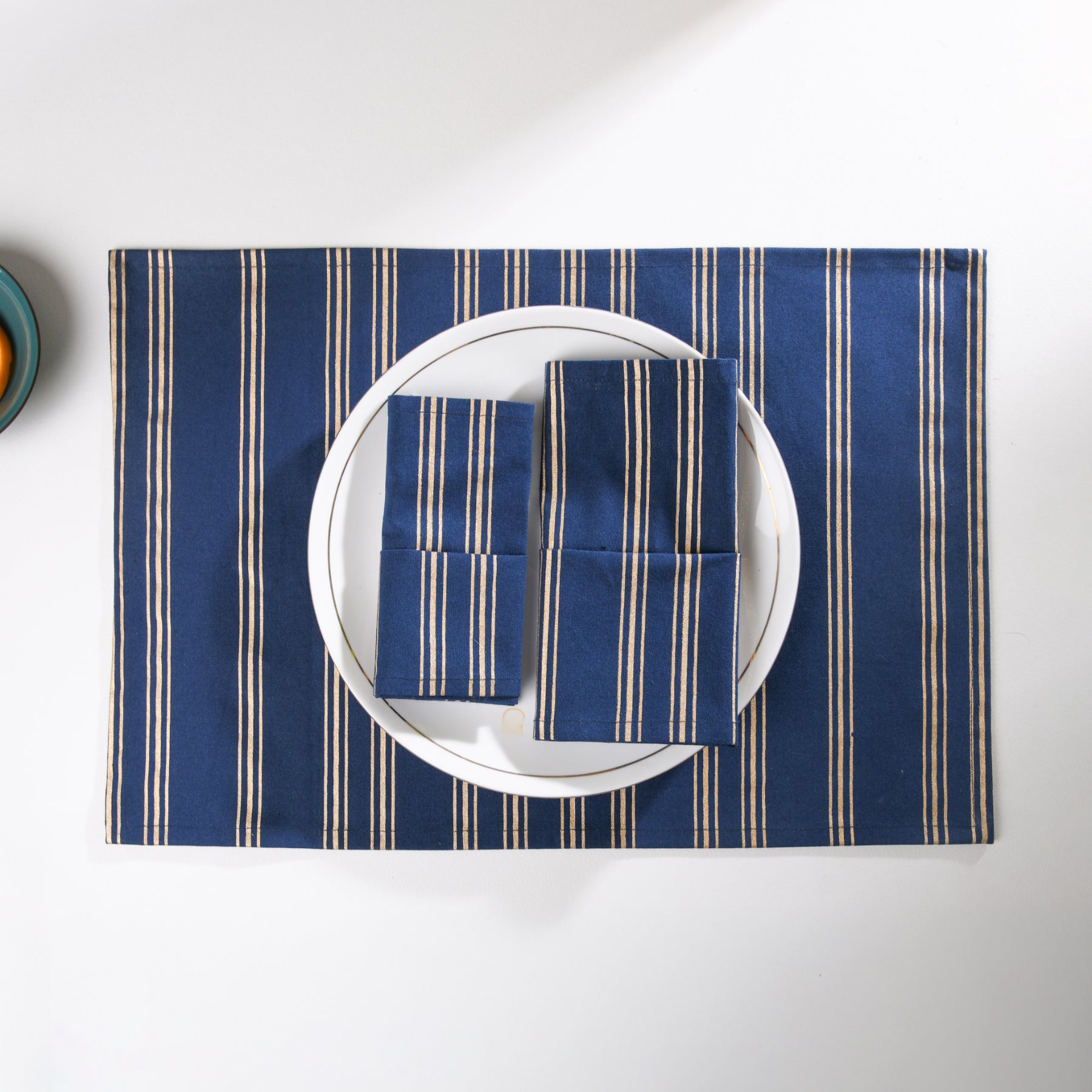 Linear Stripe Blue-Gold Table Mat Set of 6 Ratan Texprocess Pvt. Ltd