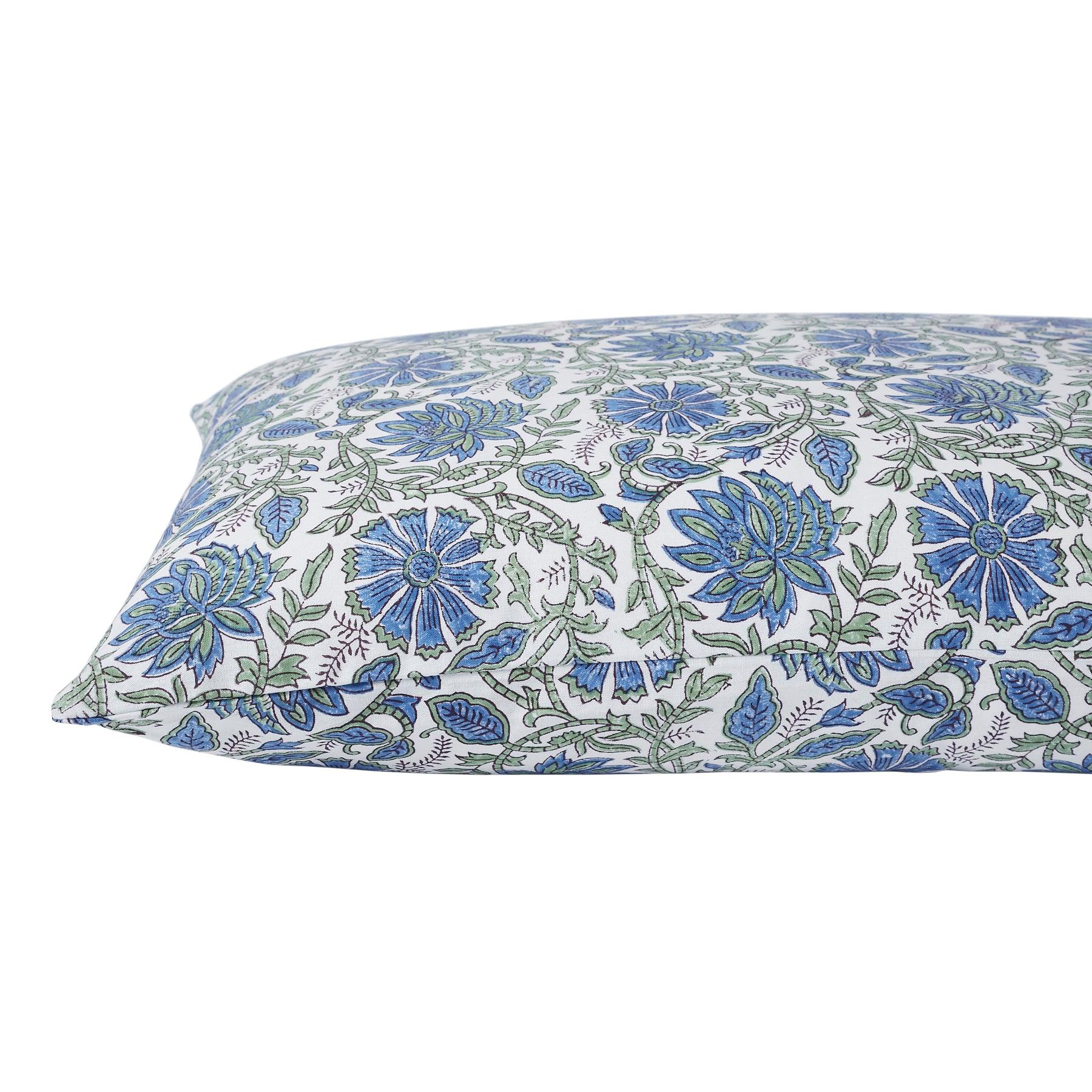 Floral Harmony Blue & Green Hand Block Print Cotton Pillow Cover Ratan Texprocess Pvt. Ltd