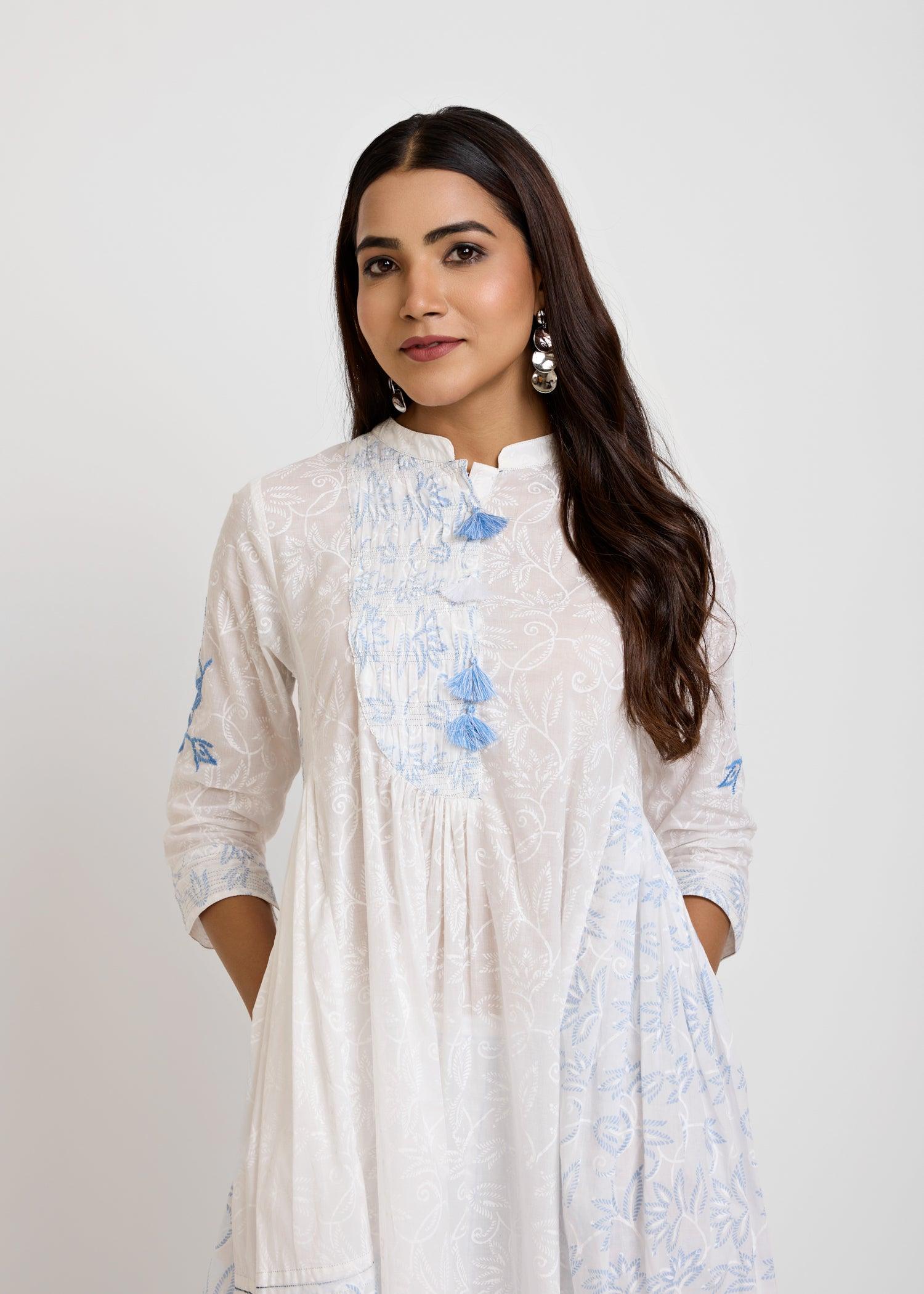 Gathered White & Blue Kurta Ratan Texprocess Pvt. Ltd