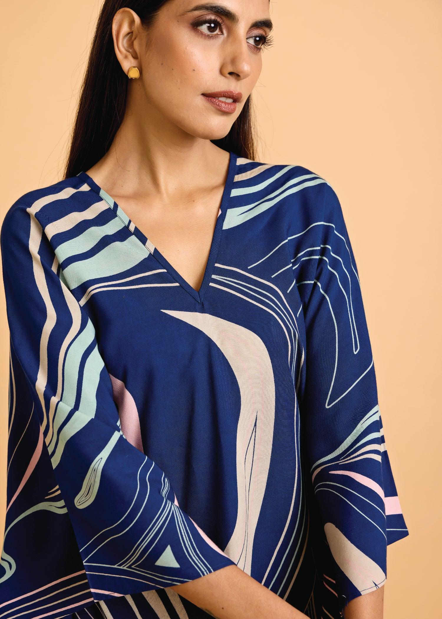 Midnight Blue & Mint Loose Viscose V- Neck Kaftan Ratan Texprocess Pvt. Ltd