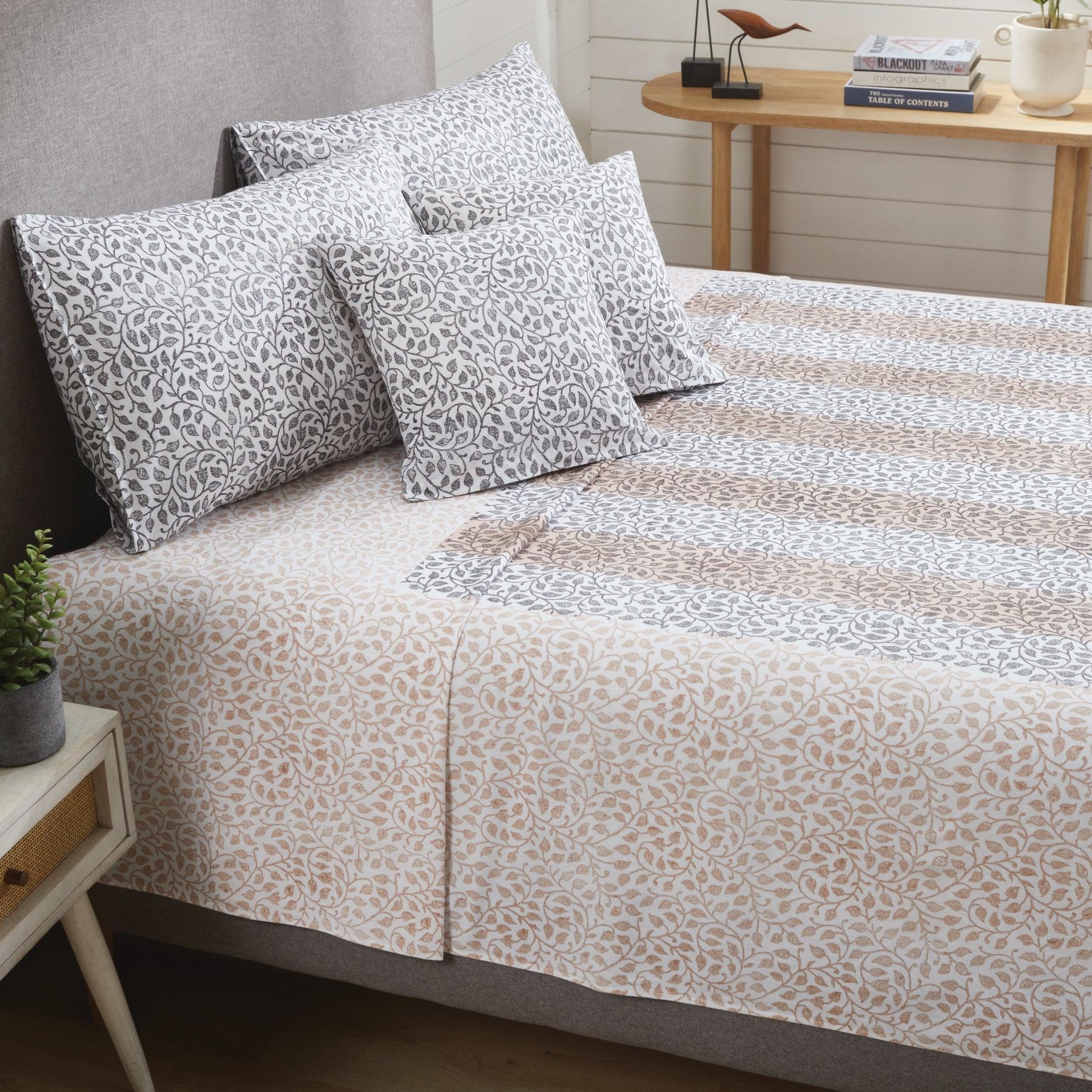 Leaf Trellis Beige & Charcoal Hand Screen Print Cotton Bedcover Ratan Texprocess Pvt. Ltd