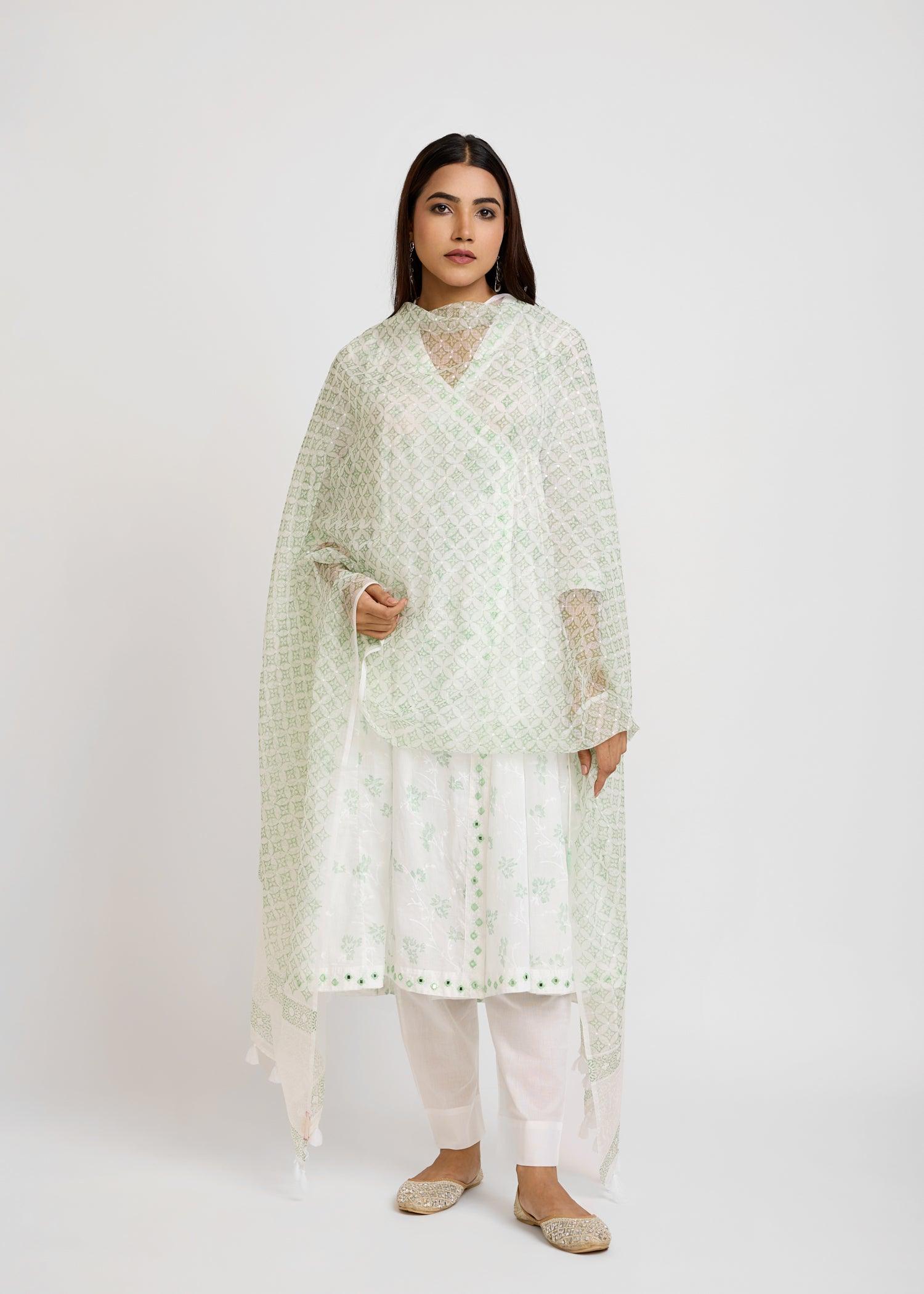 Kalidar Achkan White & Green Cotton Long Kurta Ratan Texprocess Pvt. Ltd