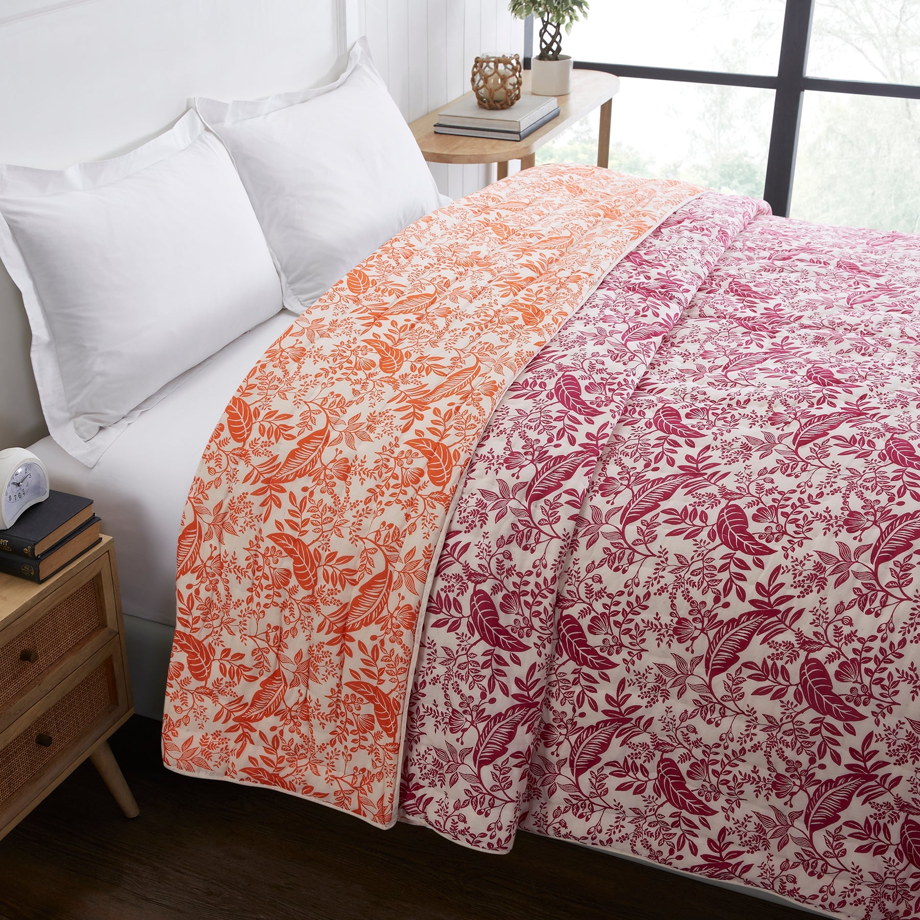 Leaf Orange & Pink Hand Screen Print Extra Cotton Quilt