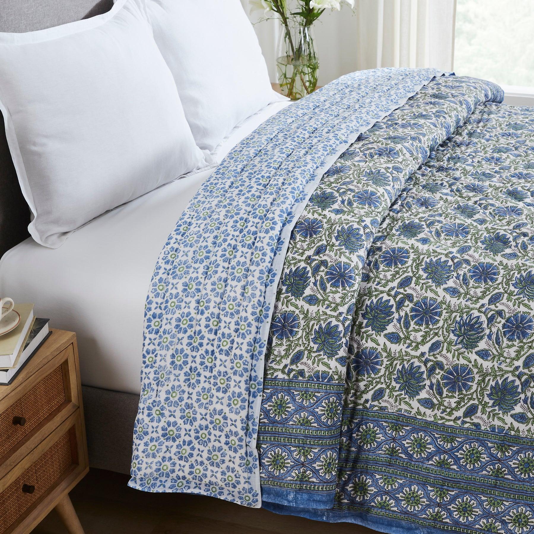 Floral Harmony Blue & Green Hand Block Print Extra Cotton Filling Quilt Ratan Texprocess Pvt. Ltd