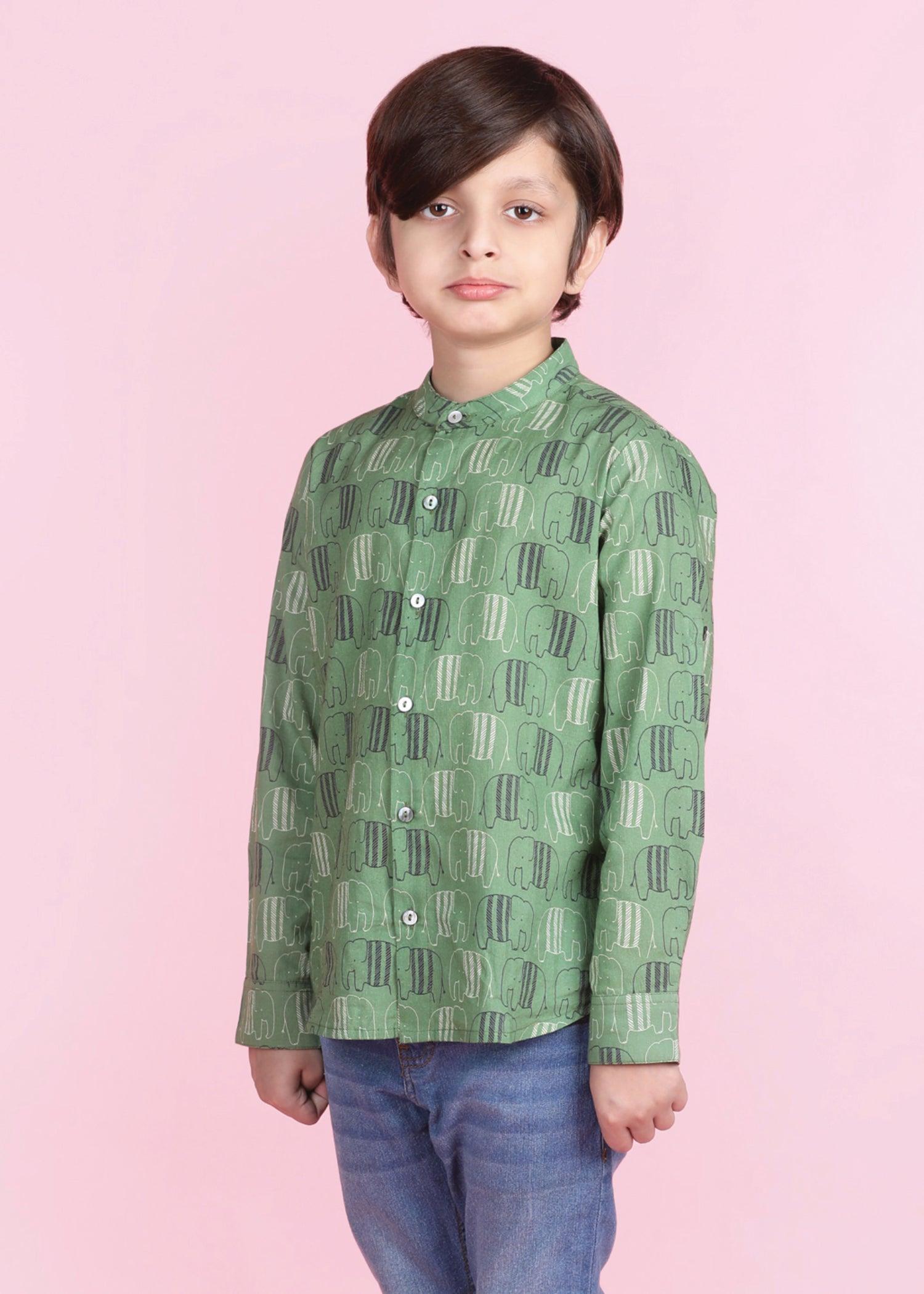 Crayon Elephant Green  Cotton Full Sleeves Shirt Boy  (6 Months -12 Years) Ratan Texprocess Pvt. Ltd