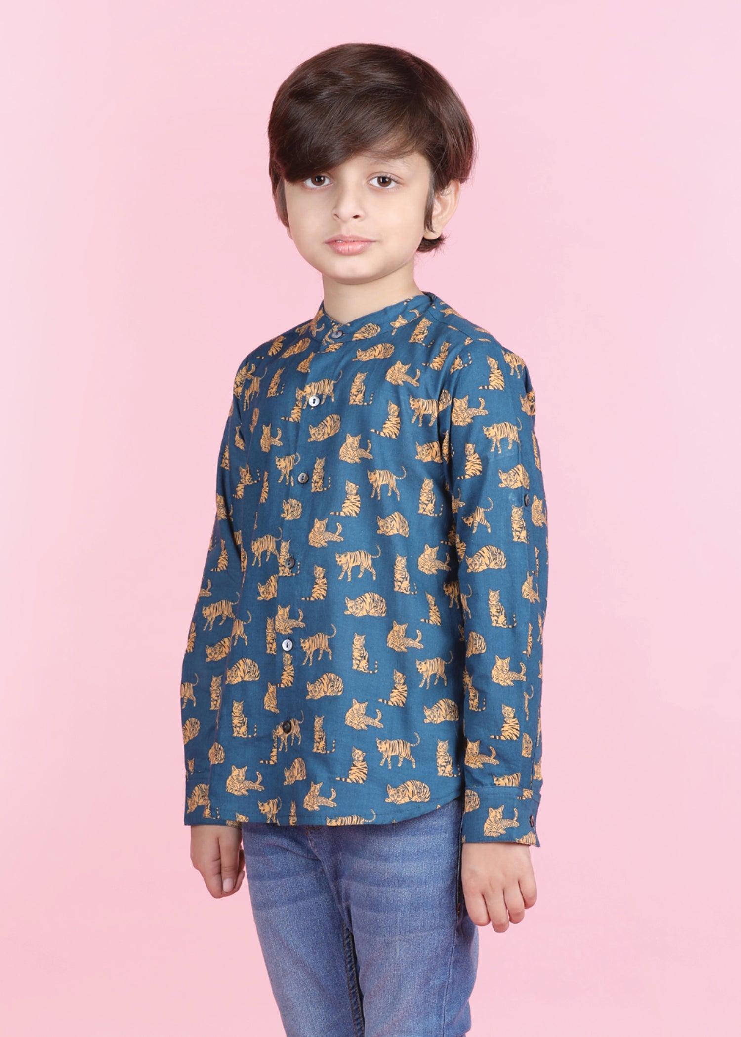 Cat Teal Cotton Full Sleeves Shirt Boy (6 Months -12 Years) Ratan Texprocess Pvt. Ltd