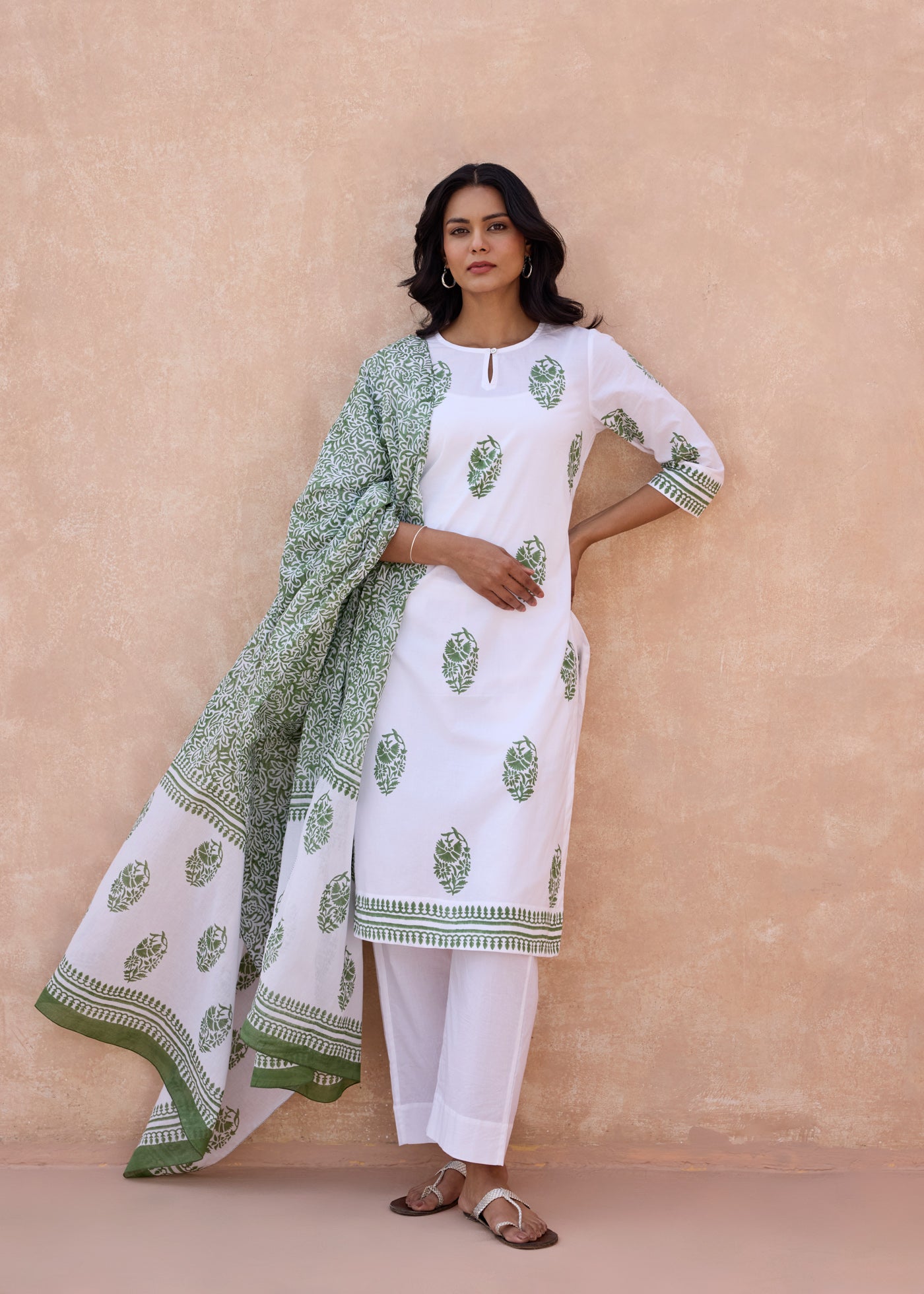 Block Printed Cotton Dupatta - Green