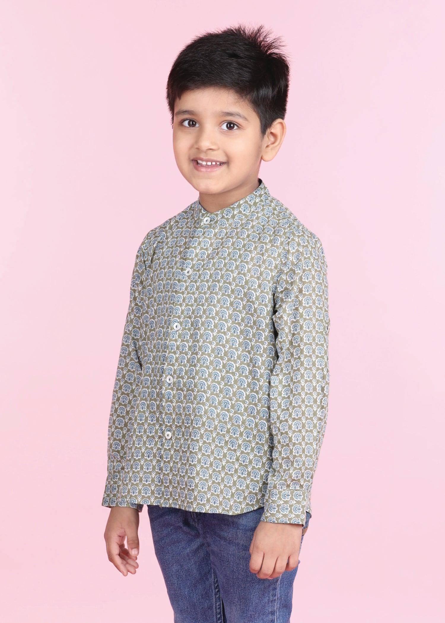 Zinnia Olive Green Cotton Full Sleeves Shirt Boy (6 Months -12 Years) Ratan Texprocess Pvt. Ltd