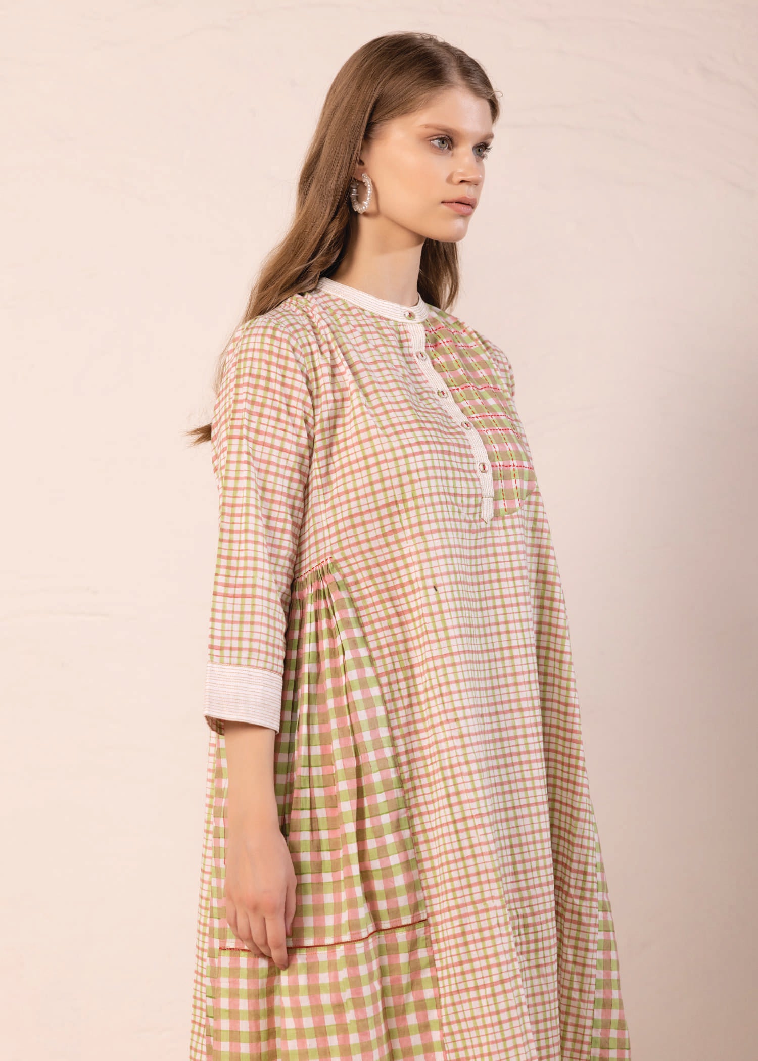 Pink & Green Loose Cotton Cross-Over Gather Dress Ratan Texprocess Pvt. Ltd