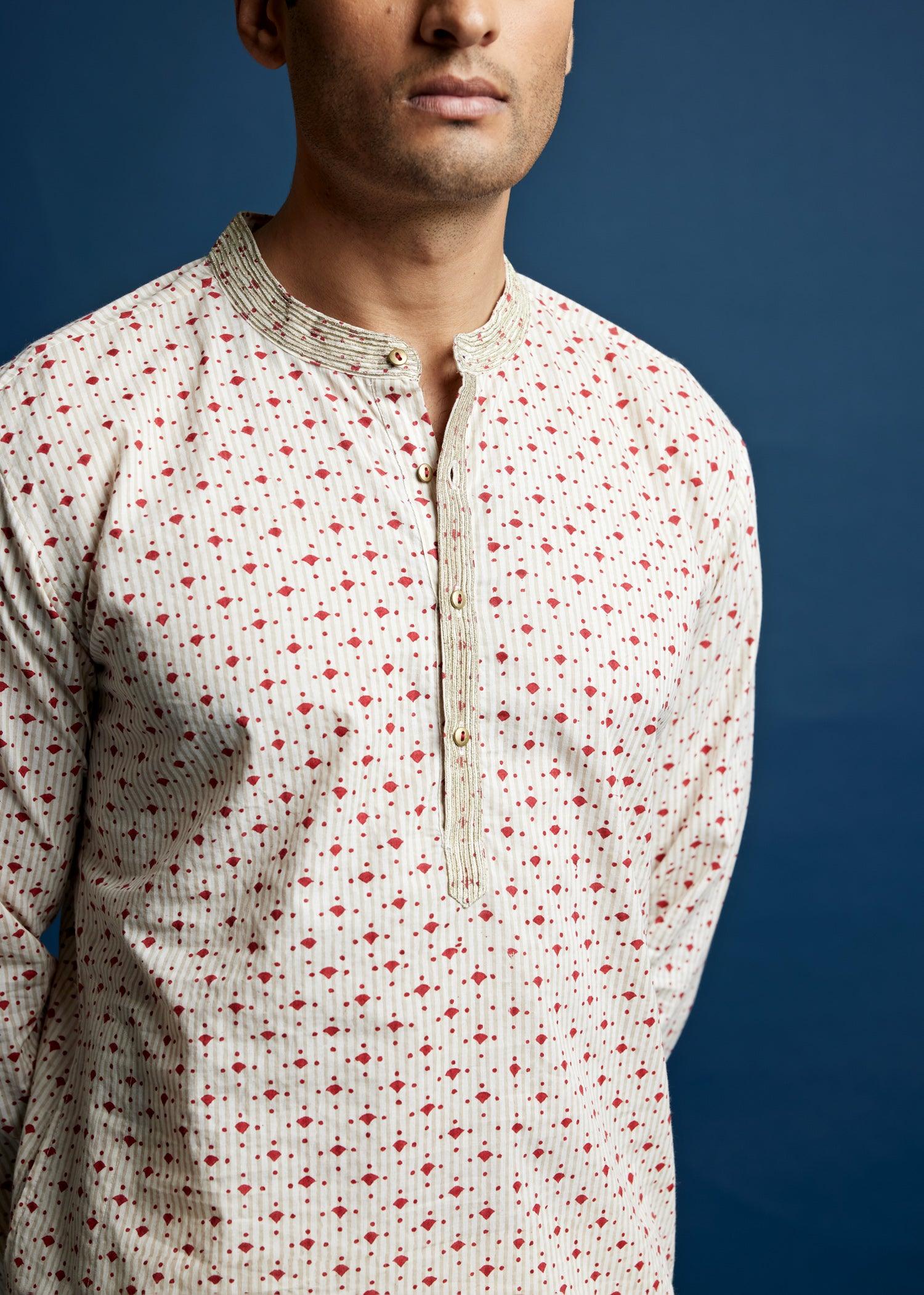 Men's Cotton Kurta Creme-Red