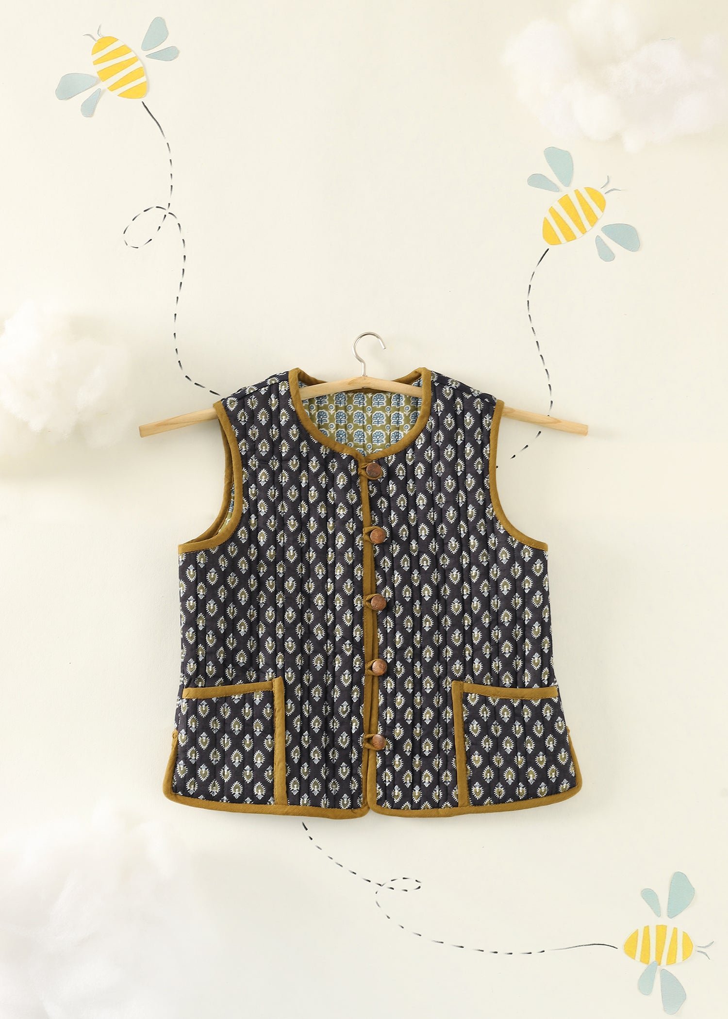 Olive-Navy Zinnia Quilted Cotton Reversible Bundi Jacket Unisex (1-7 Years) Ratan Texprocess Pvt. Ltd