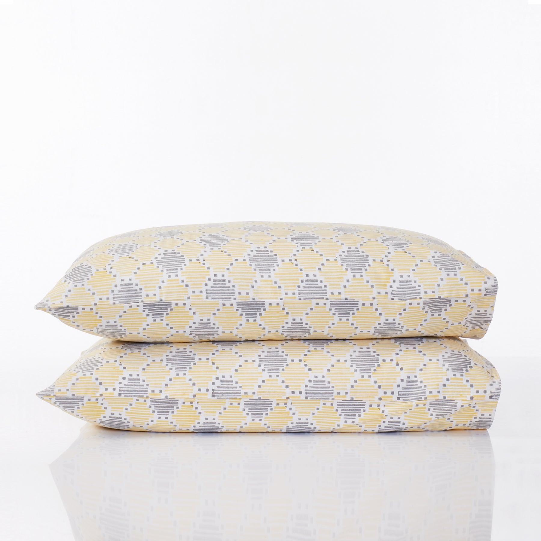 Geometric Quint Yellow & Grey Hand Block Print Cotton Pillow Cover