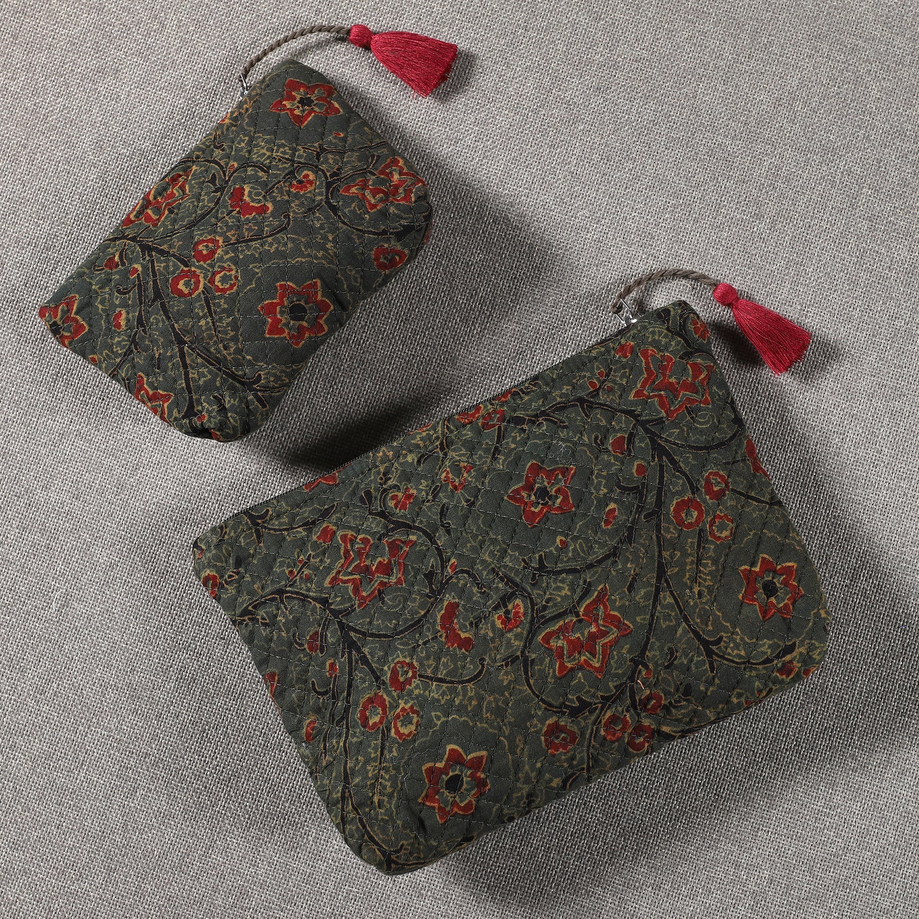 Dark Green Quilted Cotton Trinket Pouch (Set of 2) Ratan Texprocess Pvt. Ltd