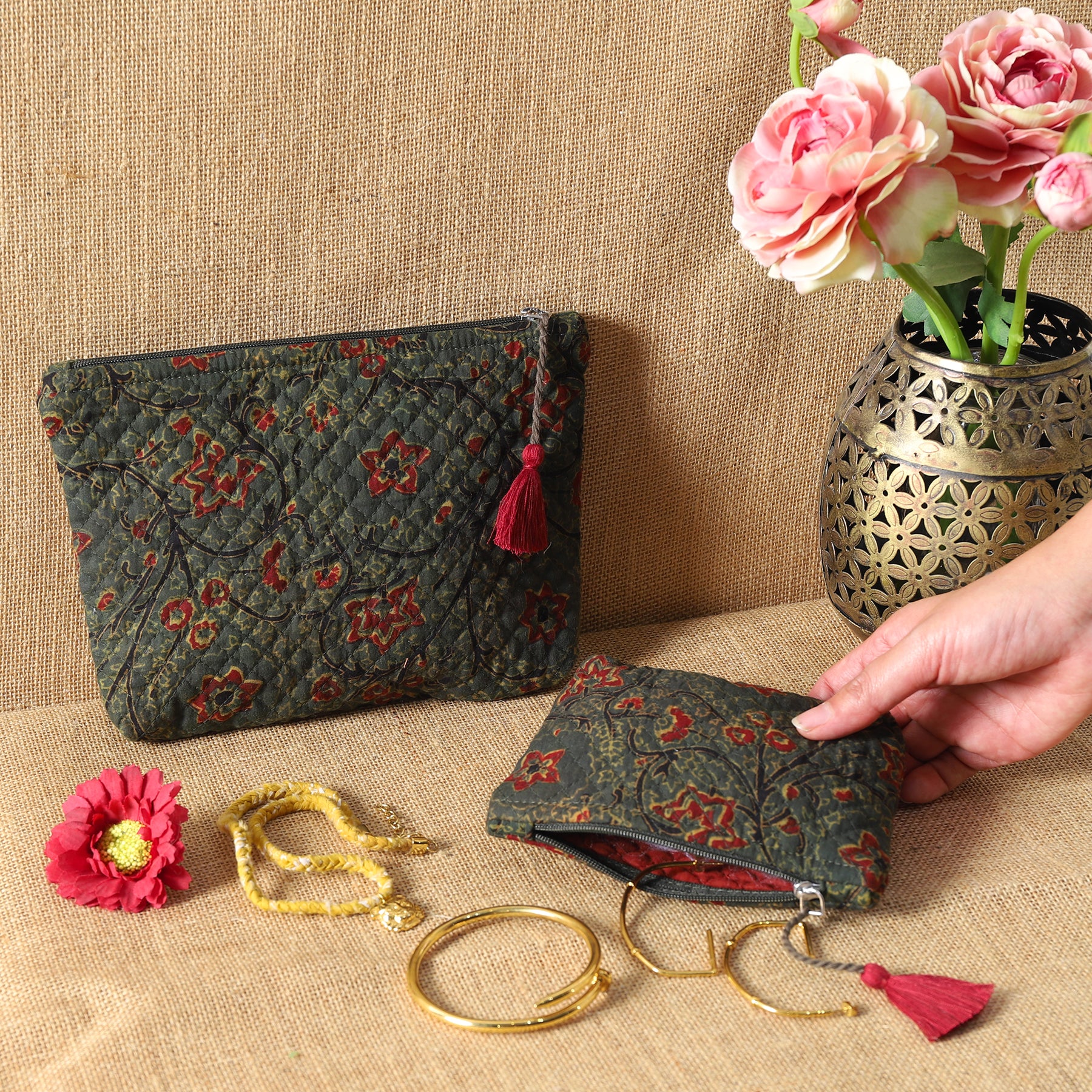 Dark Green Quilted Cotton Trinket Pouch (Set of 2) Ratan Texprocess Pvt. Ltd